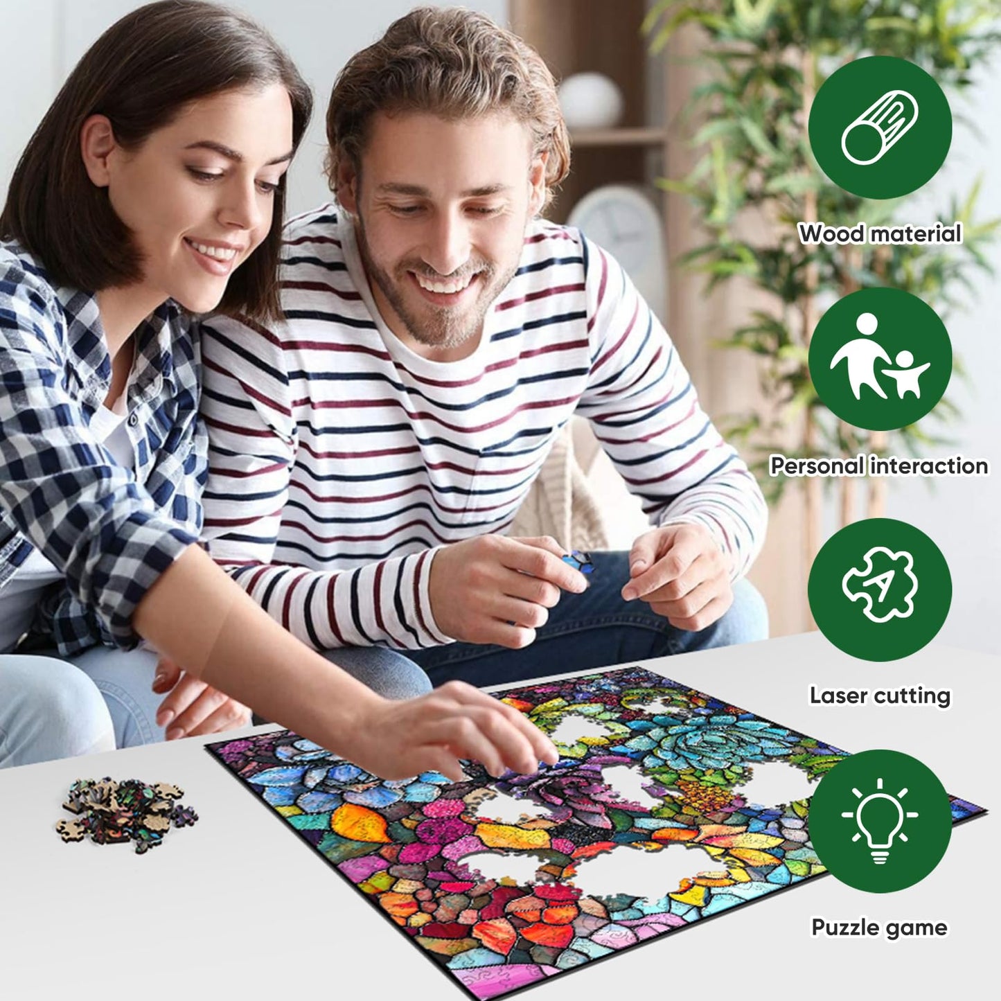 Delobil Stained Glass Puzzle – 500 Pieces, Succulent Wooden Jigsaw with Unique Shapes