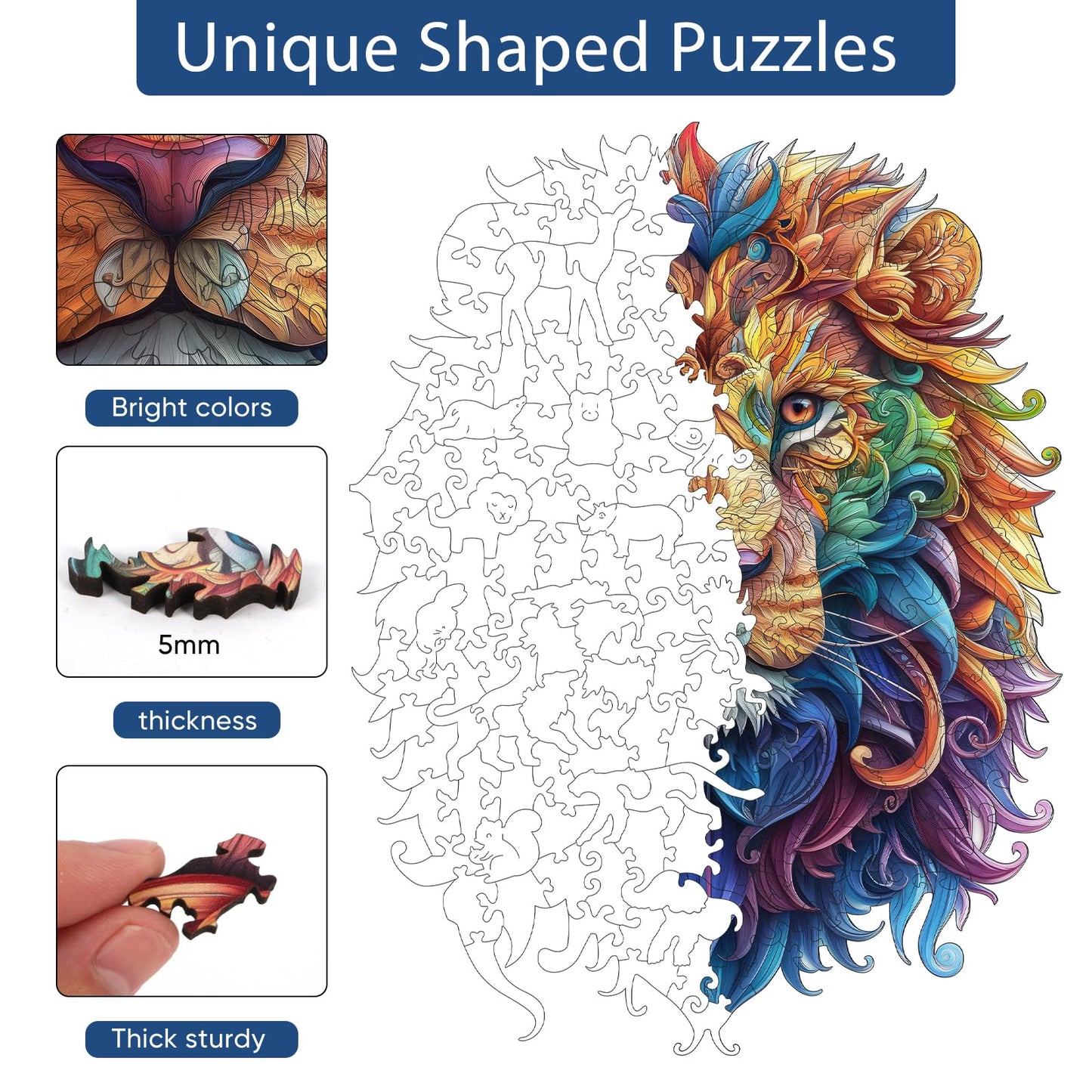 Delobil Lion 500-Piece Wooden Puzzle – Unique Shape Jigsaw, Royal Size 15.2 x 16.9 inches