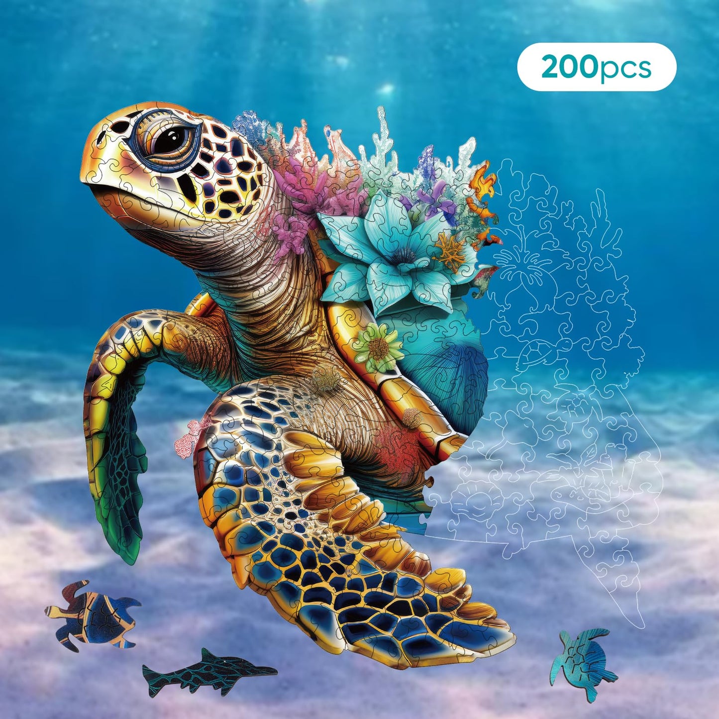 Delobil Coral Sea Turtle 200-Piece Wooden Puzzle – Unique Shape for Adults & Kids