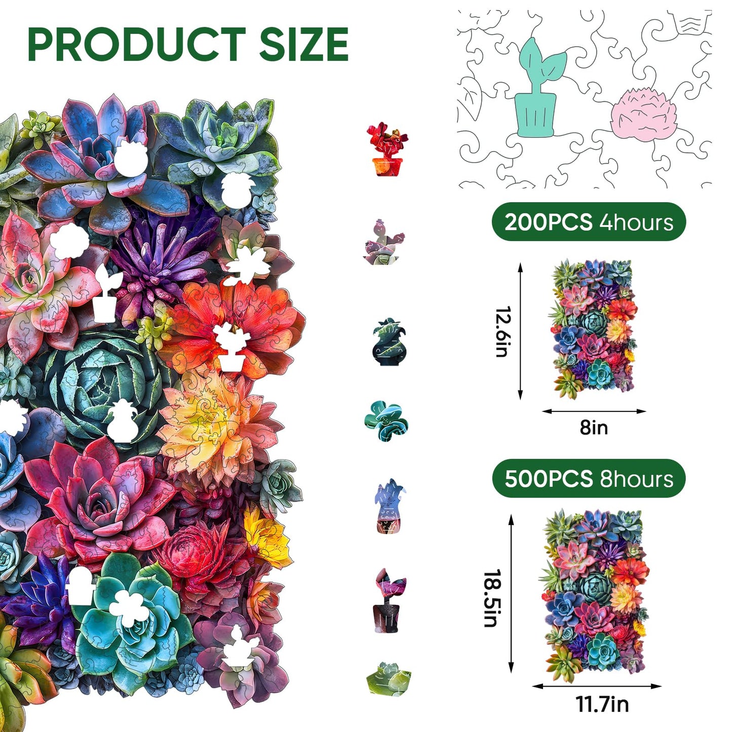 Delobil Rectangular Succulent Puzzle – 200-Piece Wooden Jigsaw (12.6 x 8 in)