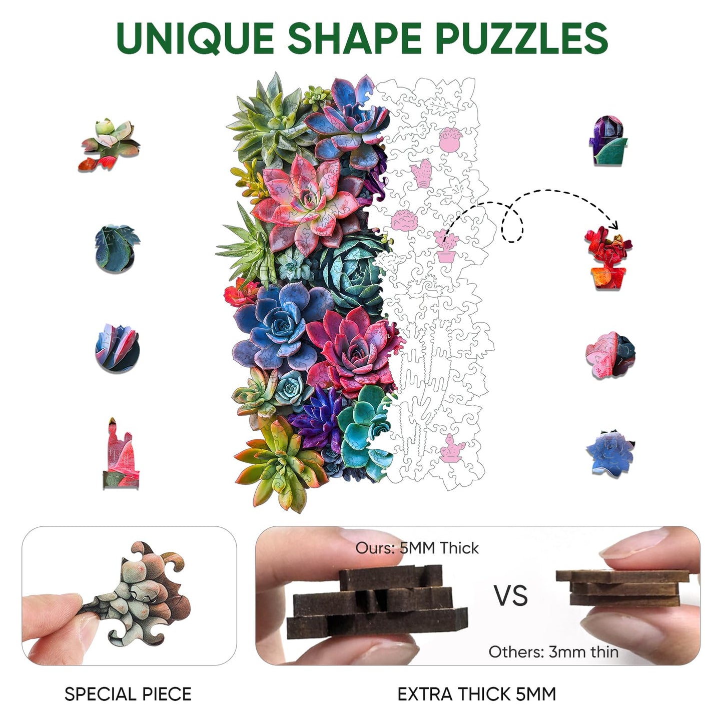 Delobil Rectangular Succulent Puzzle – 200-Piece Wooden Jigsaw (12.6 x 8 in)