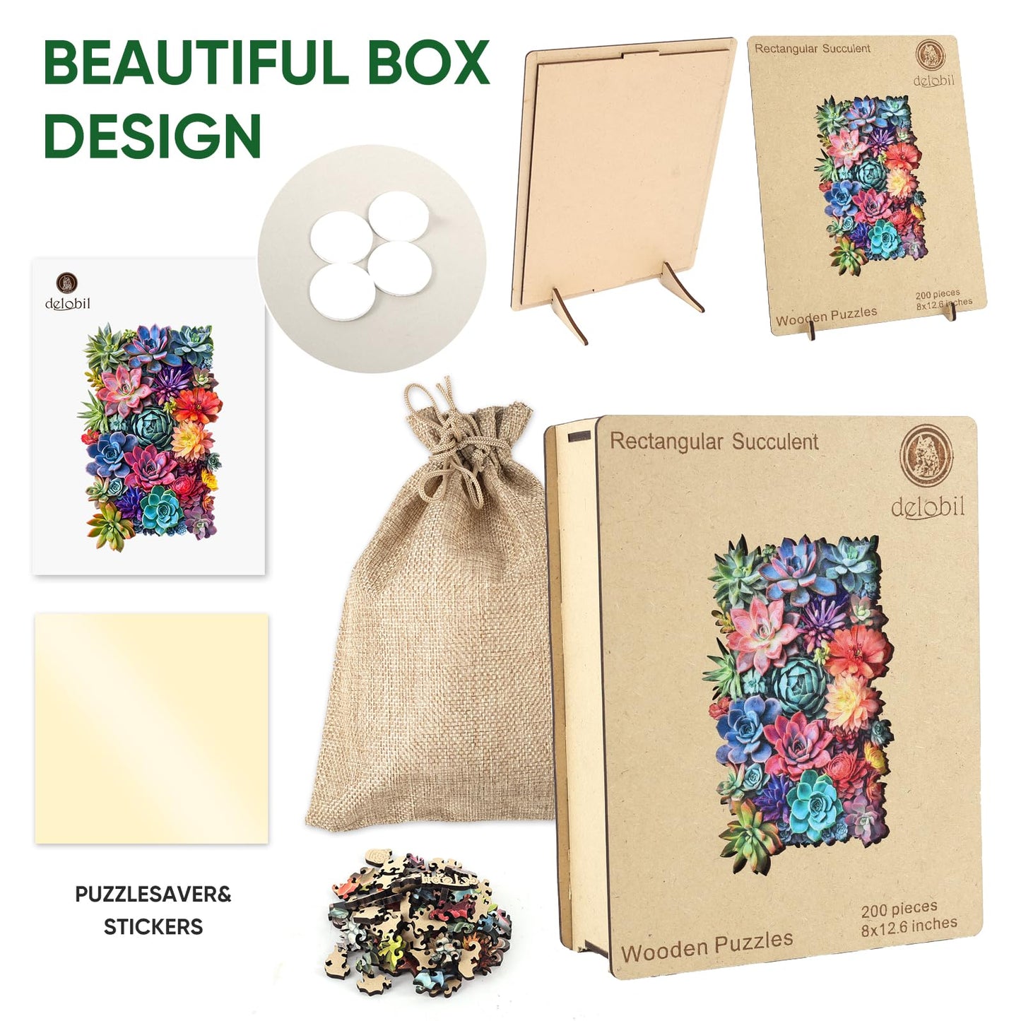 Delobil Rectangular Succulent Puzzle – 200-Piece Wooden Jigsaw (12.6 x 8 in)