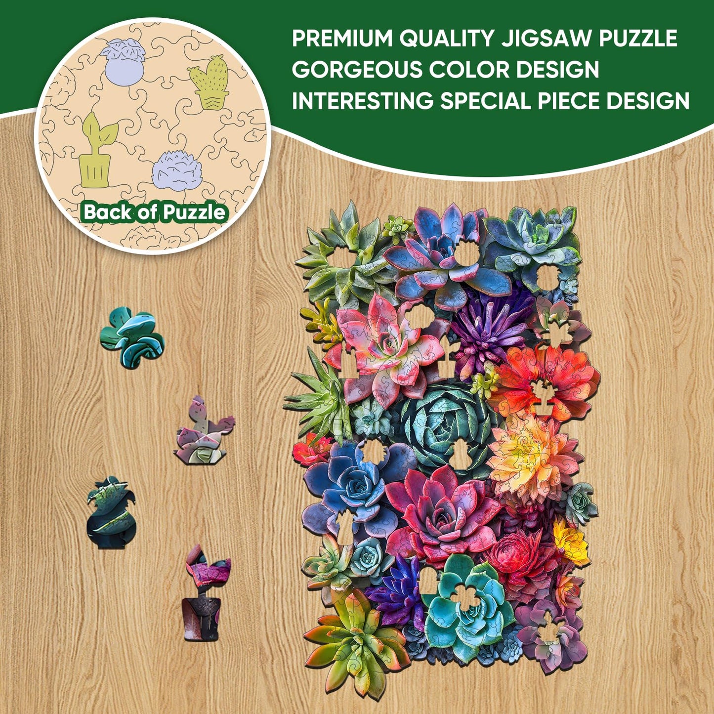 Delobil Rectangular Succulent Puzzle – 200-Piece Wooden Jigsaw (12.6 x 8 in)