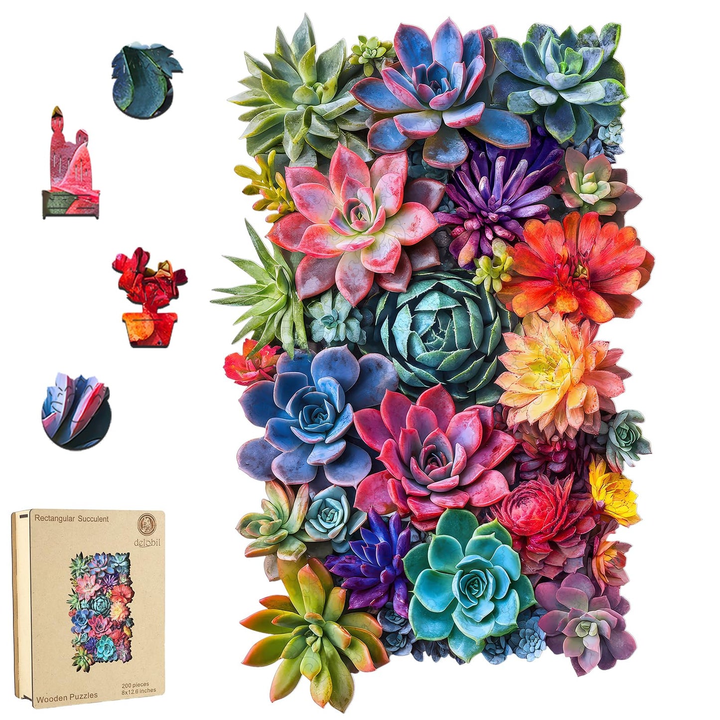 Delobil Rectangular Succulent Puzzle – 200-Piece Wooden Jigsaw (12.6 x 8 in)
