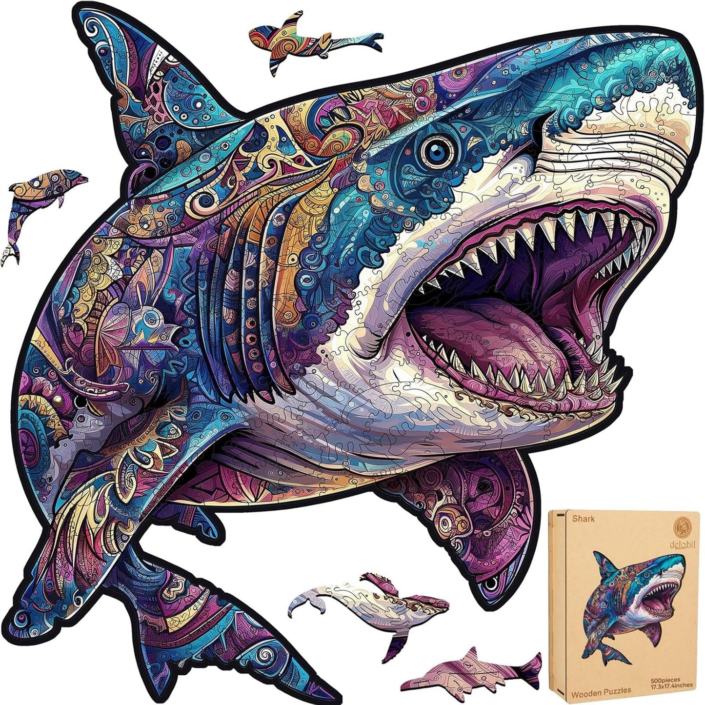 Delobil Shark Jigsaw Puzzle – 500 Pieces, Unique Wooden Shapes, Royal Box (17.3 x 17.4 in)