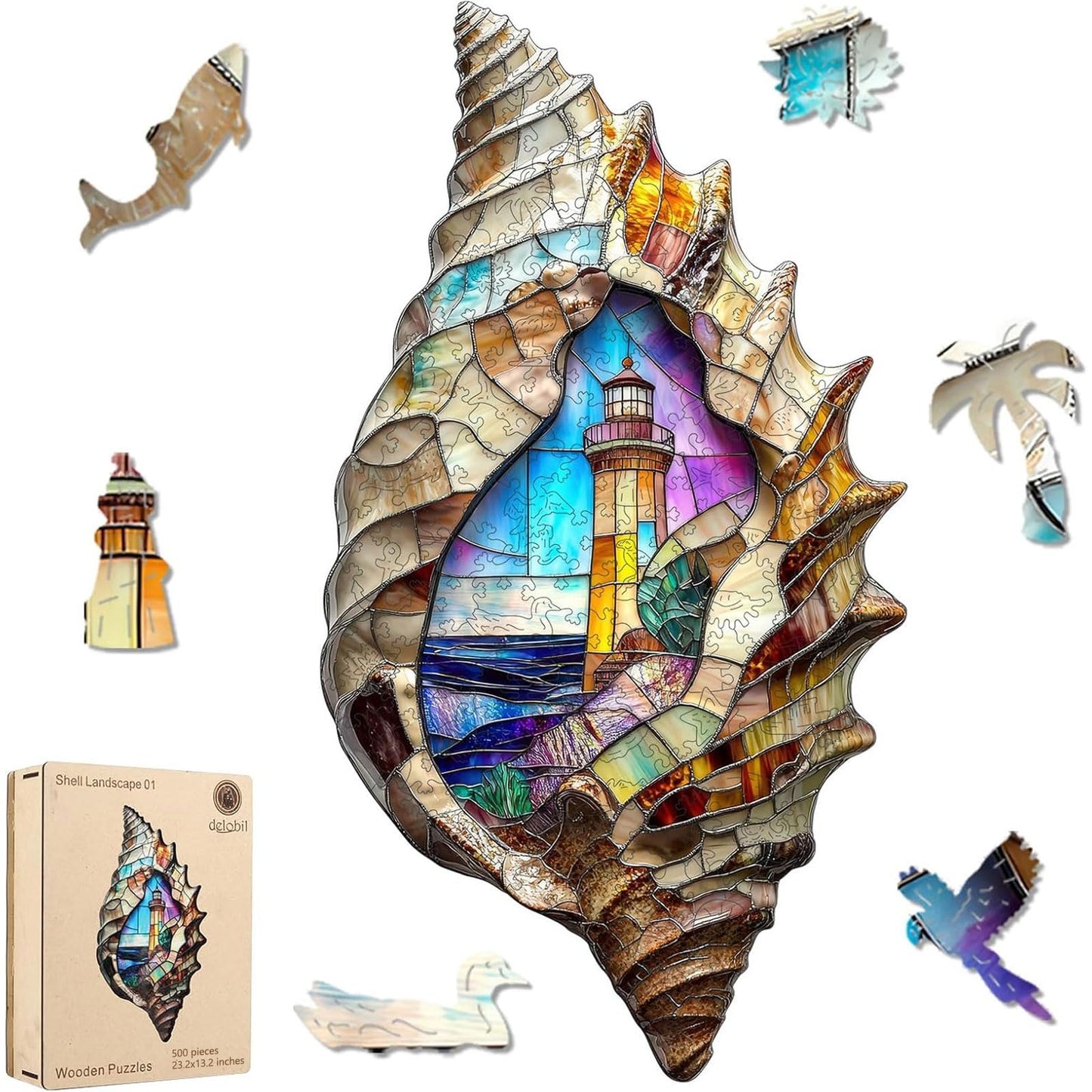 Delobil Shell Landscape 500-Piece Wooden Puzzle – Unique Coastal Design (23.2 x 13.2 in)