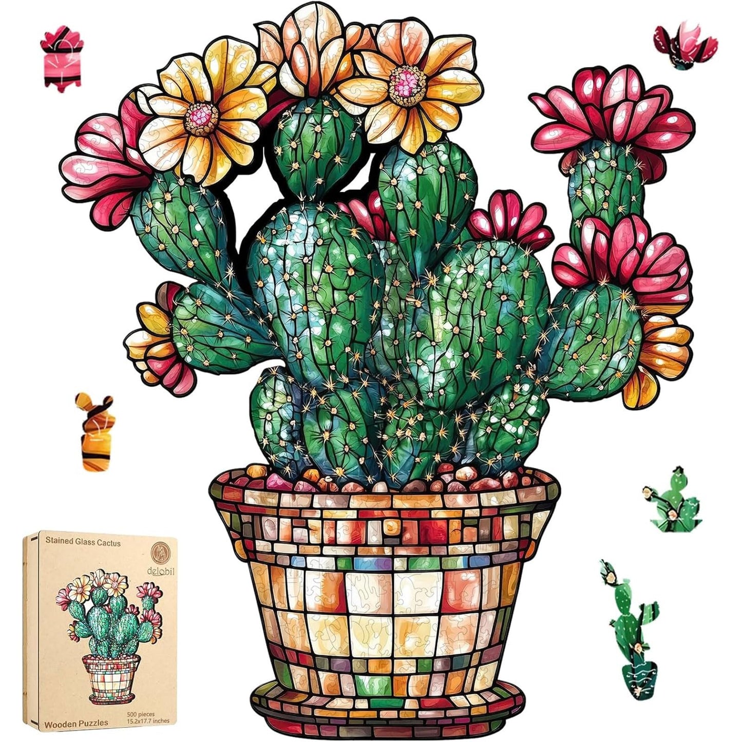 Delobil Stained Glass Cactus Wooden Puzzle | 500 Pieces, Royal Size, Gift 15.2'' x 17.7''