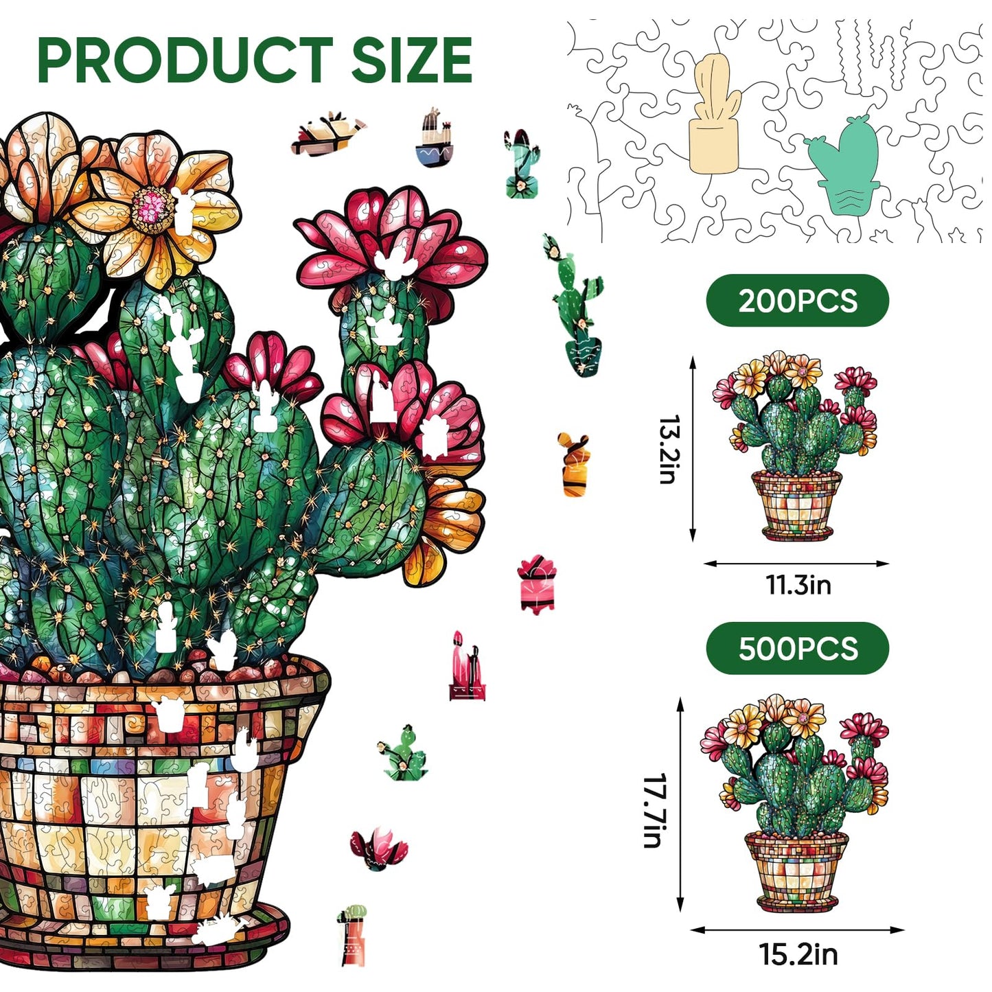 Delobil Stained Glass Cactus Wooden Puzzle | 500 Pieces, Royal Size, Gift 15.2'' x 17.7''