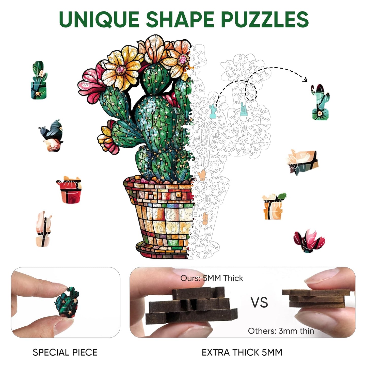 Delobil Stained Glass Cactus Wooden Puzzle | 500 Pieces, Royal Size, Gift 15.2'' x 17.7''