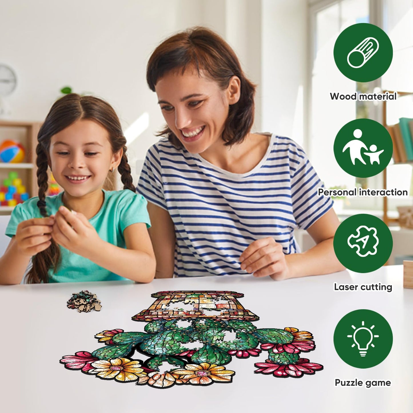 Delobil Stained Glass Cactus Wooden Puzzle | 500 Pieces, Royal Size, Gift 15.2'' x 17.7''