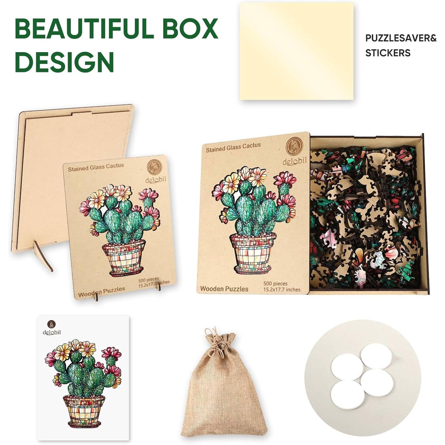 Delobil Stained Glass Cactus Wooden Puzzle | 500 Pieces, Royal Size, Gift 15.2'' x 17.7''