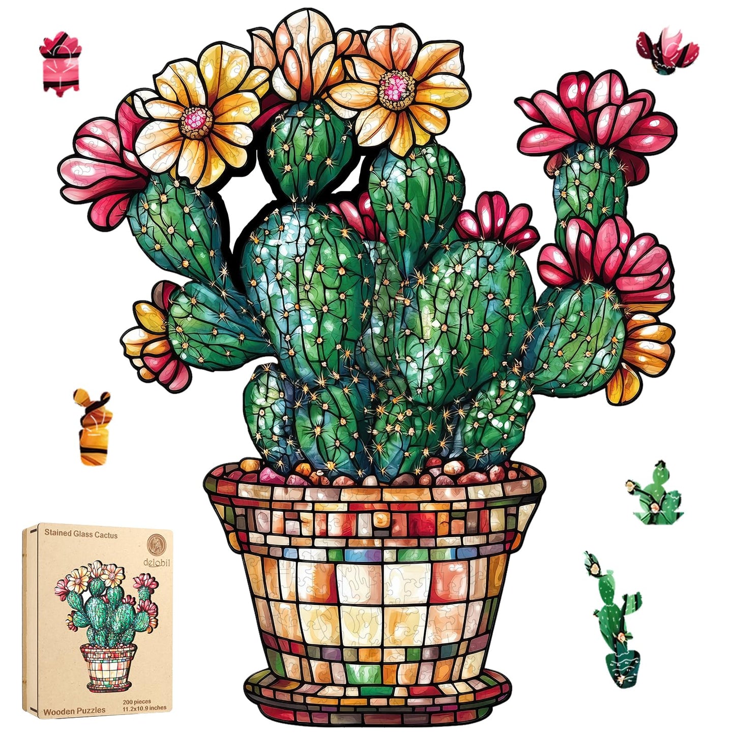 Delobil Stained Glass Cactus Wooden Puzzle – 200 Pieces, Unique Shaped Jigsaw for Adults & Kids (11.3 in x 13.2 in)