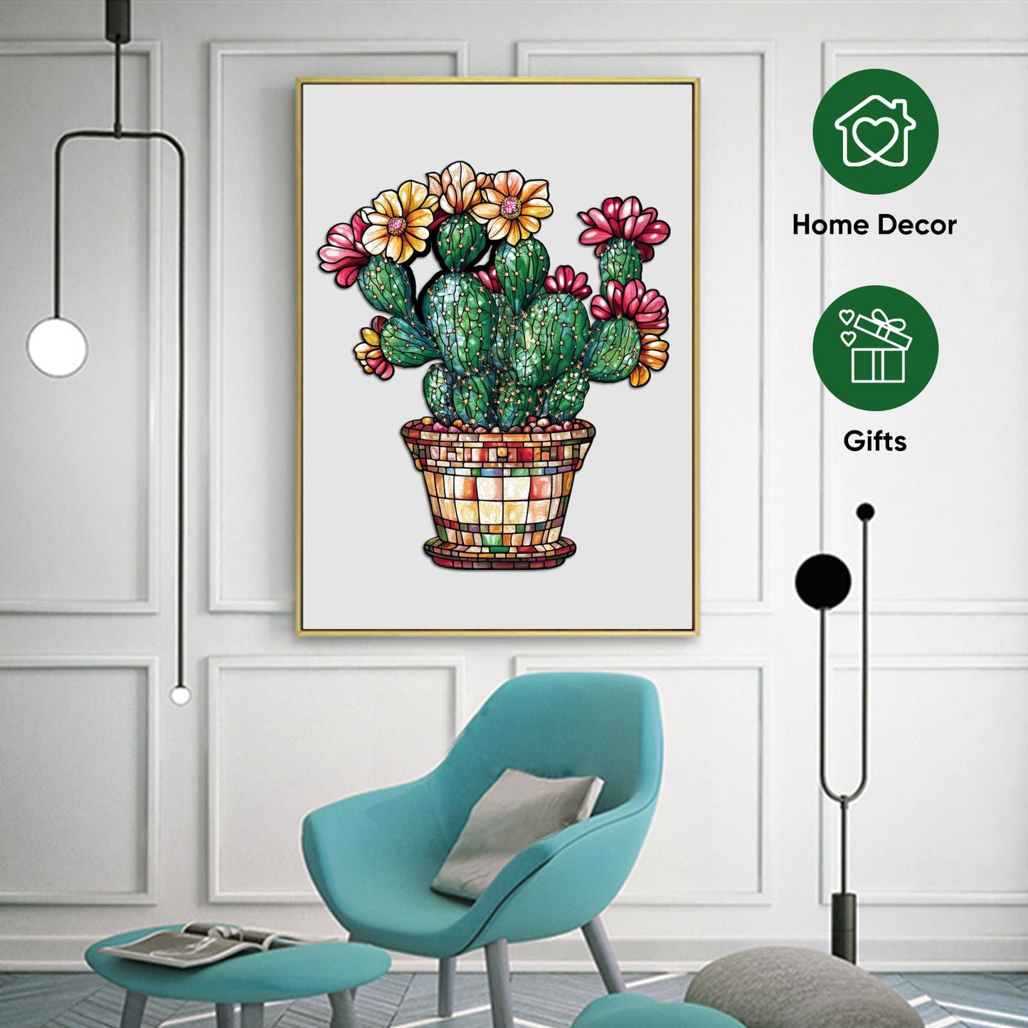 Delobil Stained Glass Cactus Wooden Puzzle – 200 Pieces, Unique Shaped Jigsaw for Adults & Kids (11.3 in x 13.2 in)