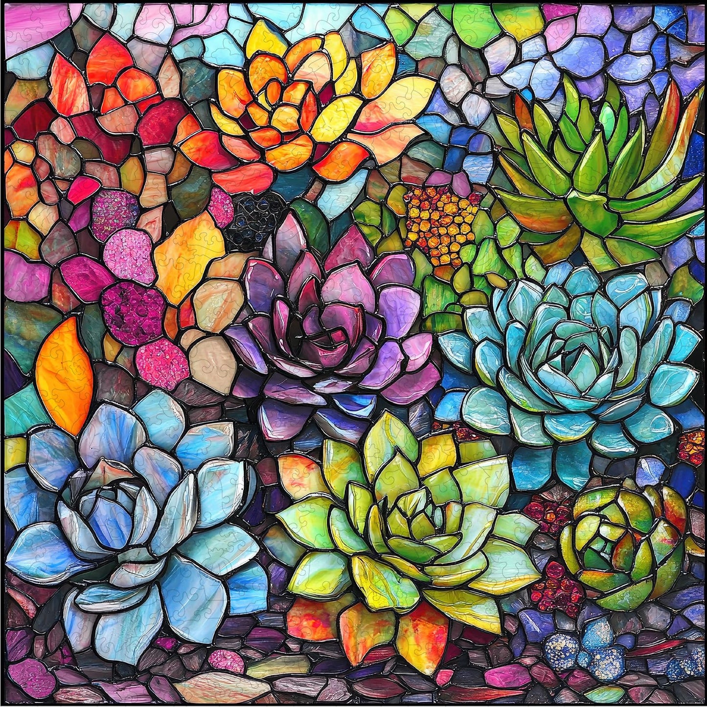 Delobil Stained Glass Puzzle – 200-Piece Succulent Wooden Jigsaw, Medium 11.2 inches x 11.2 inches