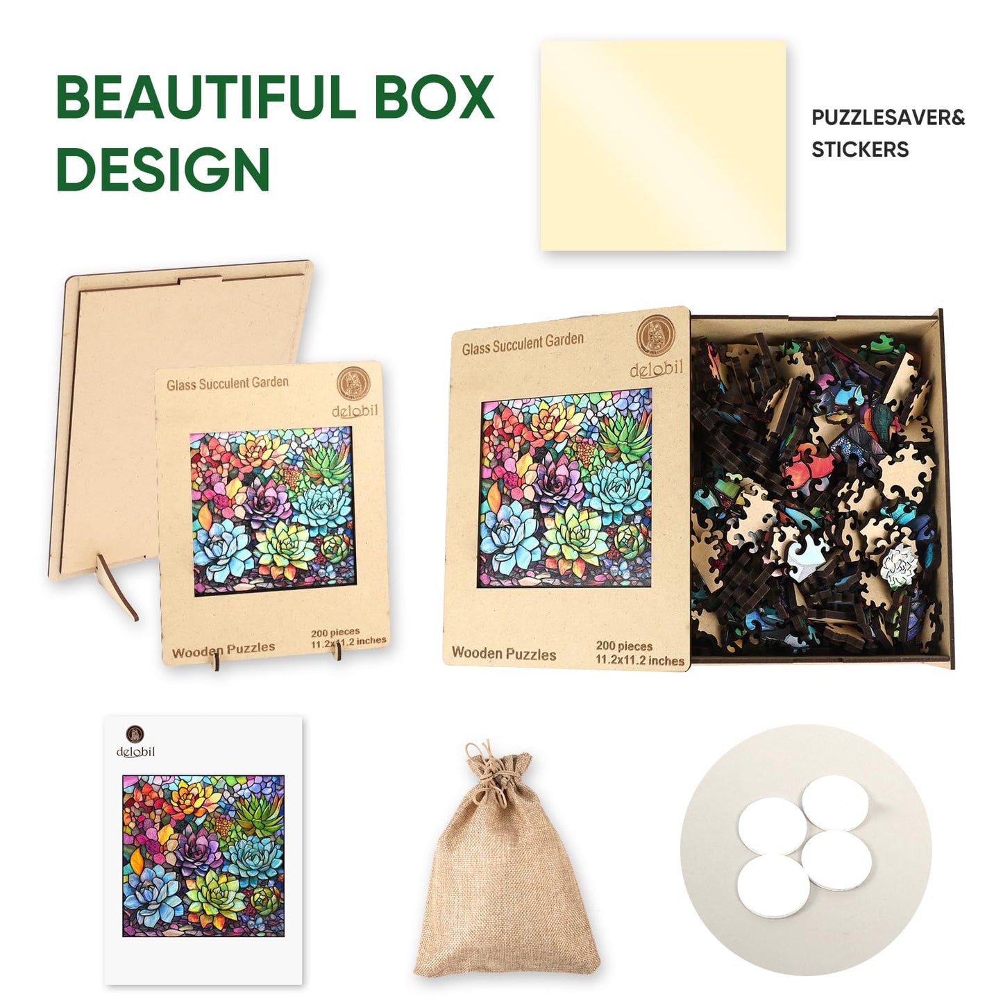 Delobil Stained Glass Puzzle – 200-Piece Succulent Wooden Jigsaw, Medium 11.2 inches x 11.2 inches