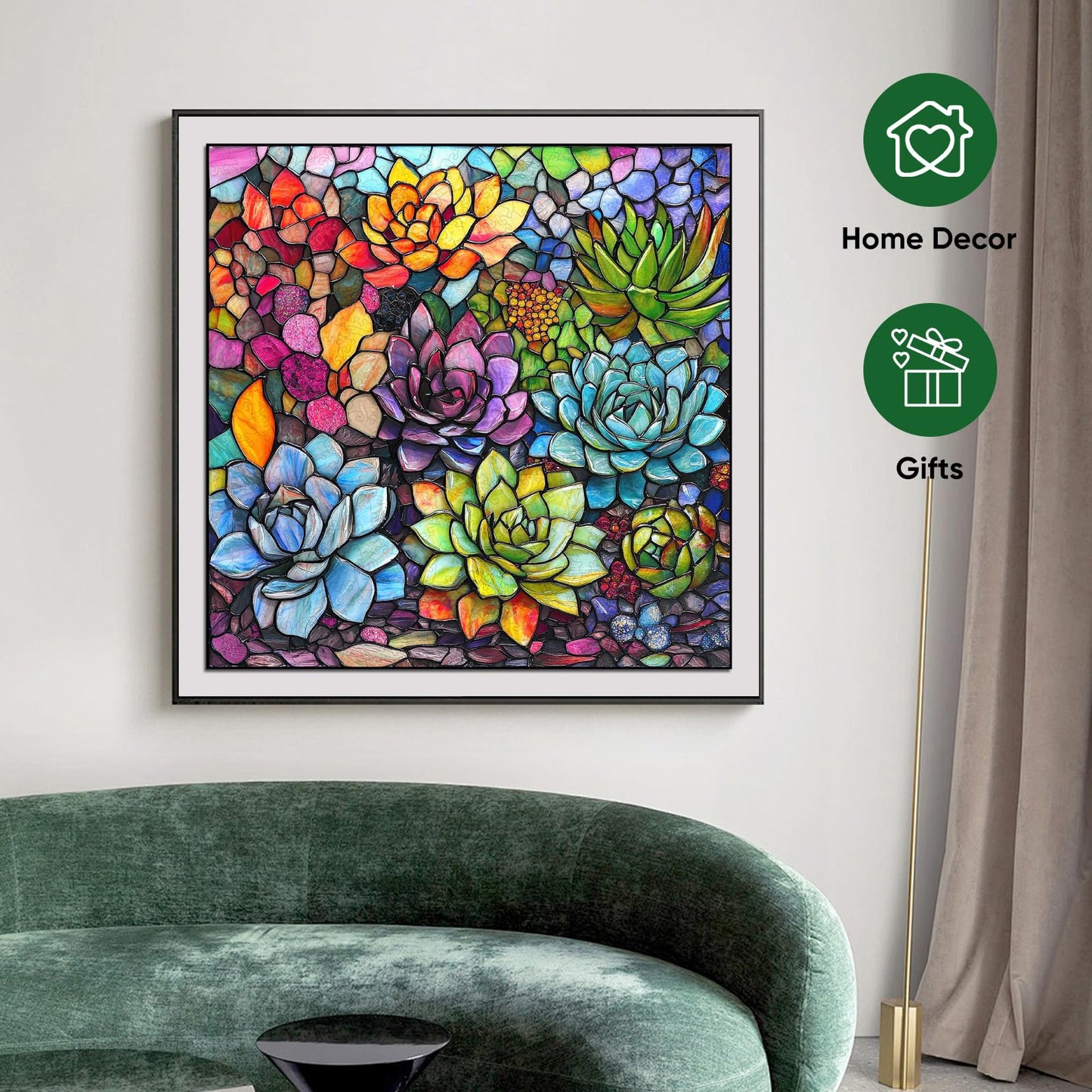 Delobil Stained Glass Puzzle – 200-Piece Succulent Wooden Jigsaw, Medium 11.2 inches x 11.2 inches