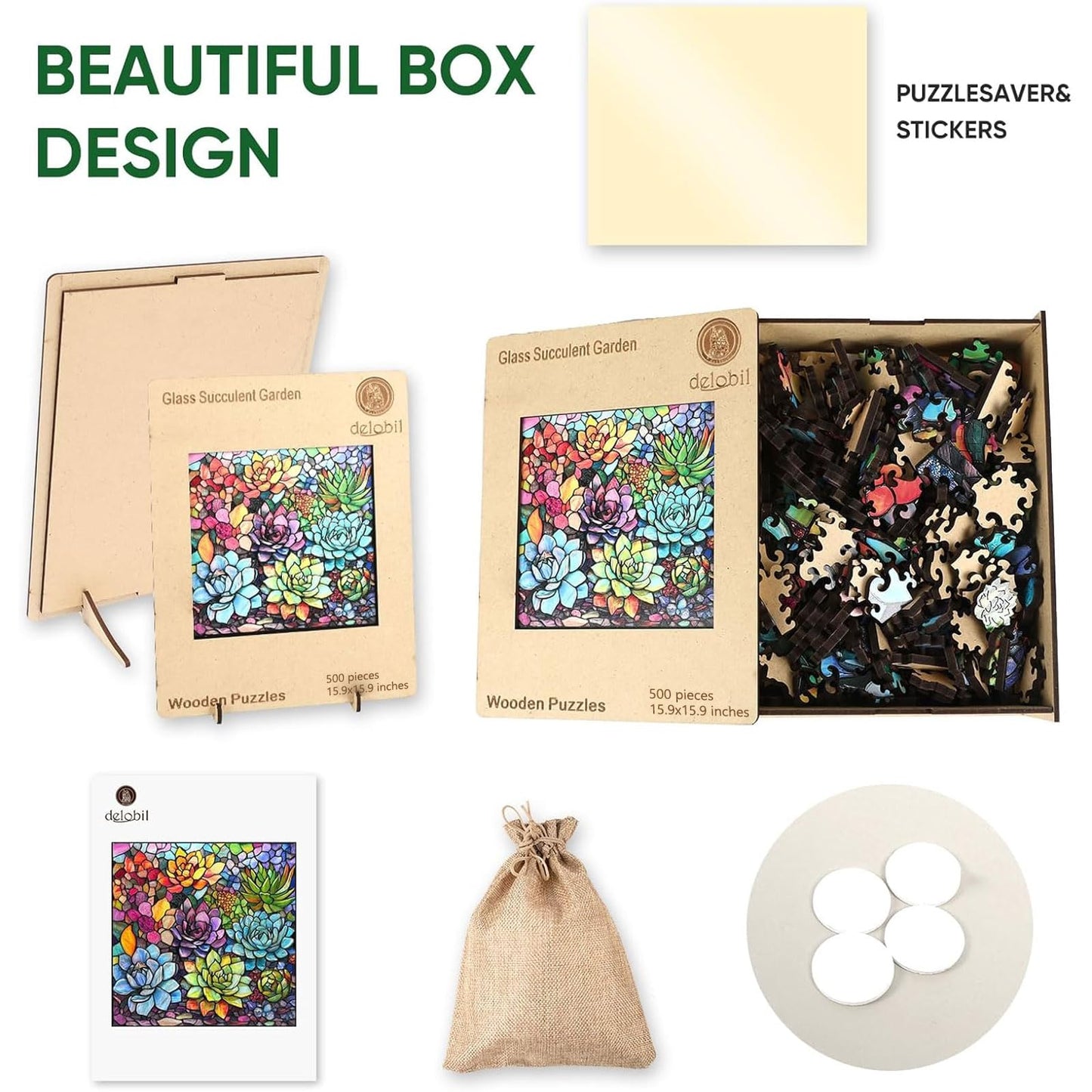 Delobil Stained Glass Puzzle – 500 Pieces, Succulent Wooden Jigsaw with Unique Shapes
