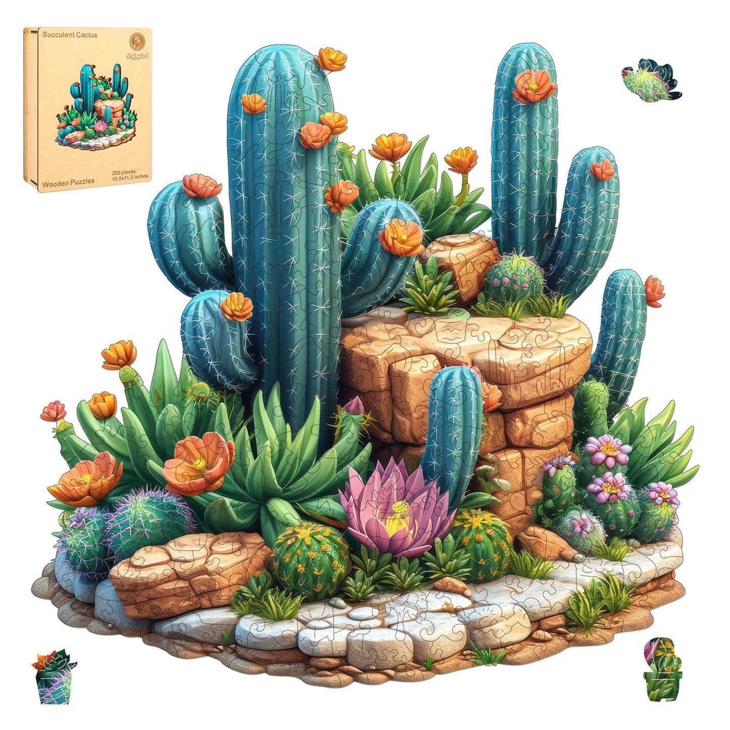 Delobil Succulent Cactus Puzzle - 200-Piece Wooden Jigsaw (11.2 x 10.8 inches)