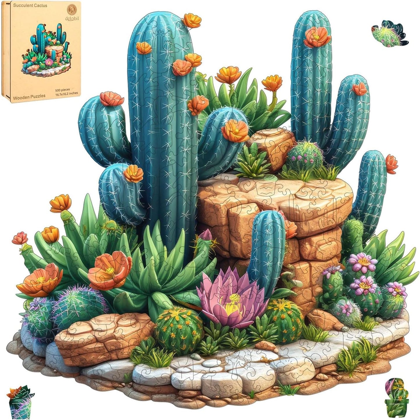 Delobil Succulent Cactus Wooden Puzzle – 500 Pieces, 16.7'' x 16.2''
