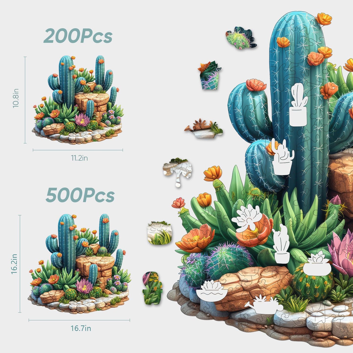 Delobil Succulent Cactus Wooden Puzzle – 500 Pieces, 16.7'' x 16.2''