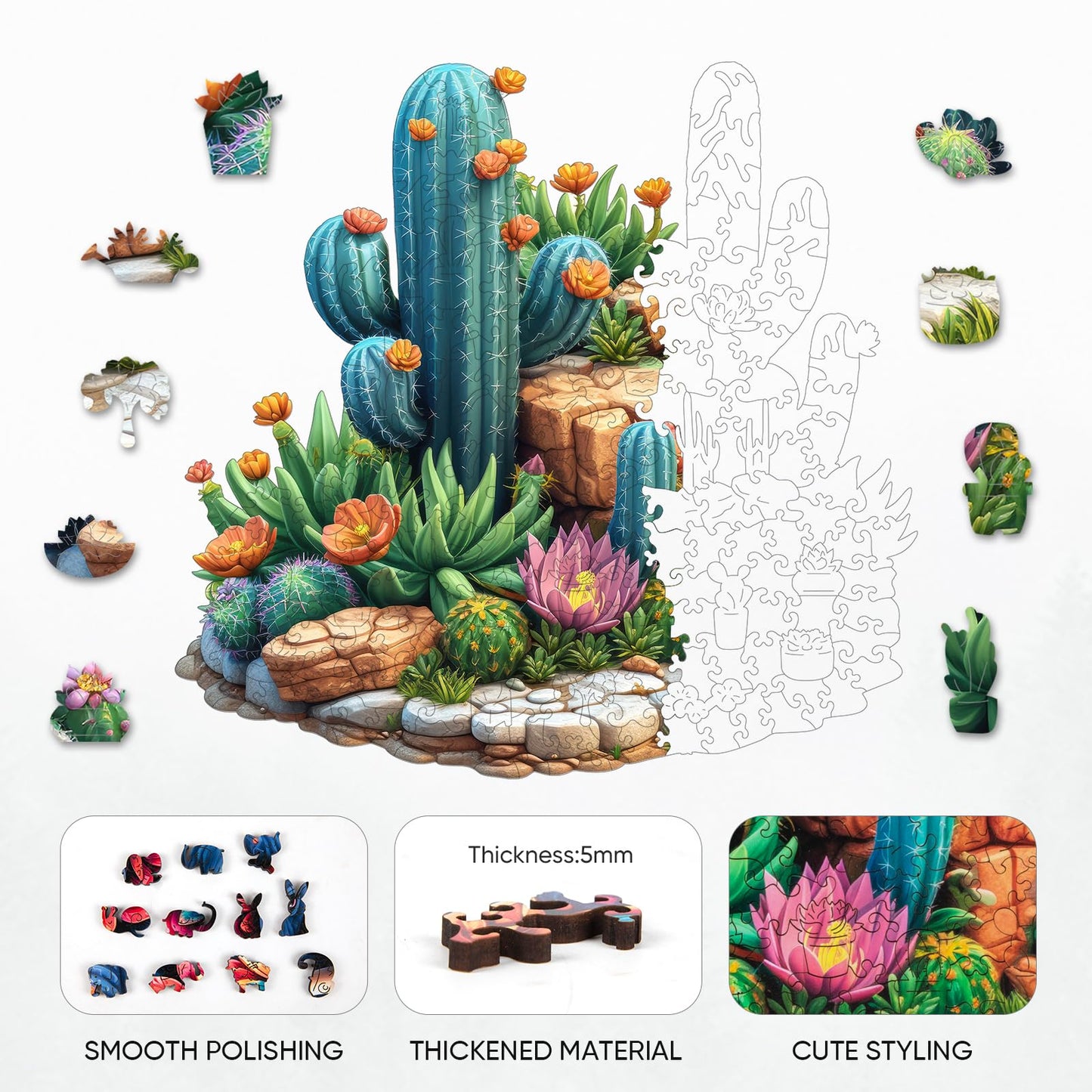 Delobil Succulent Cactus Wooden Puzzle – 500 Pieces, 16.7'' x 16.2''