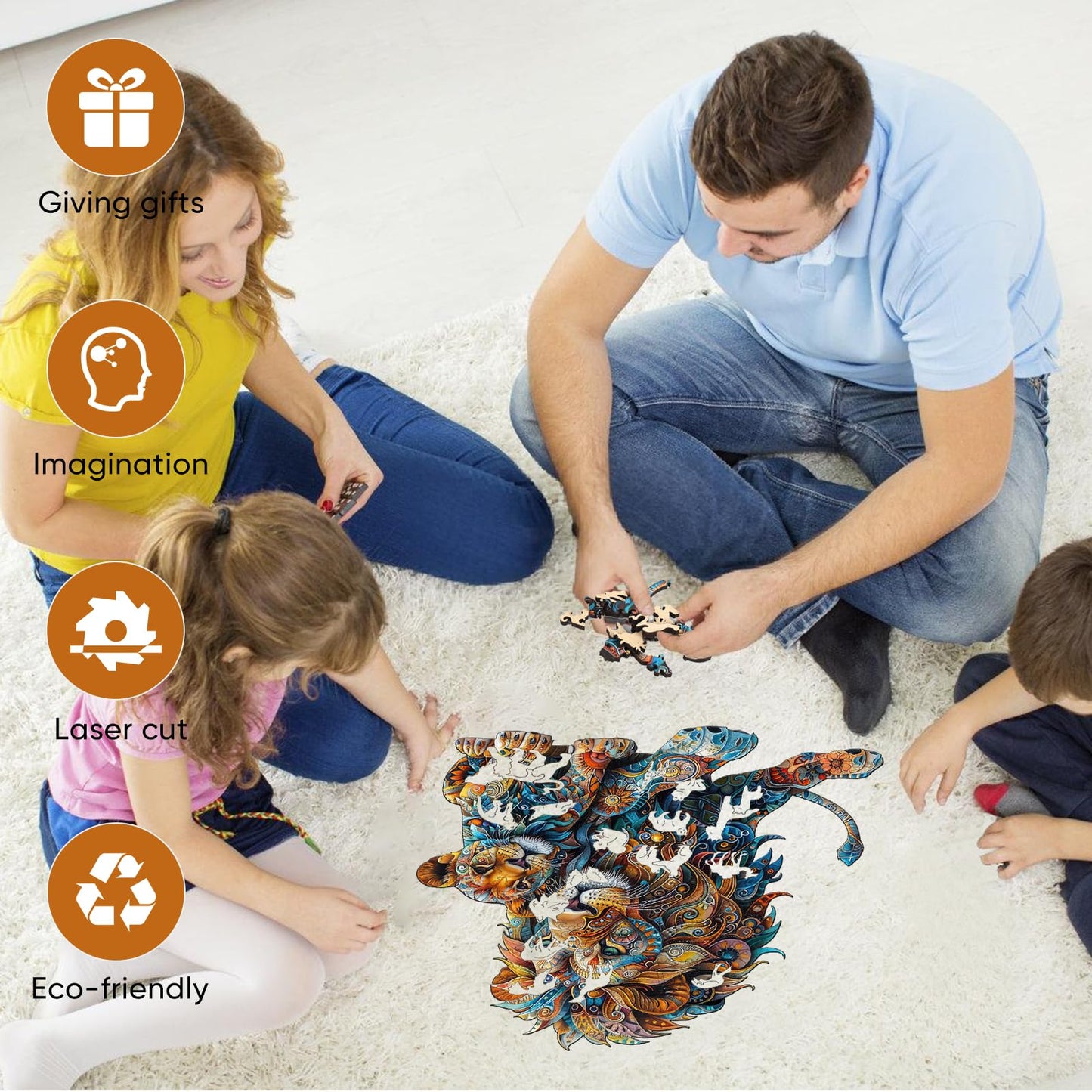 Delobil Lion Family Wooden Puzzle – 200-Piece Unique Shapes for Adults & Kids (10.6 x 11.3 in)