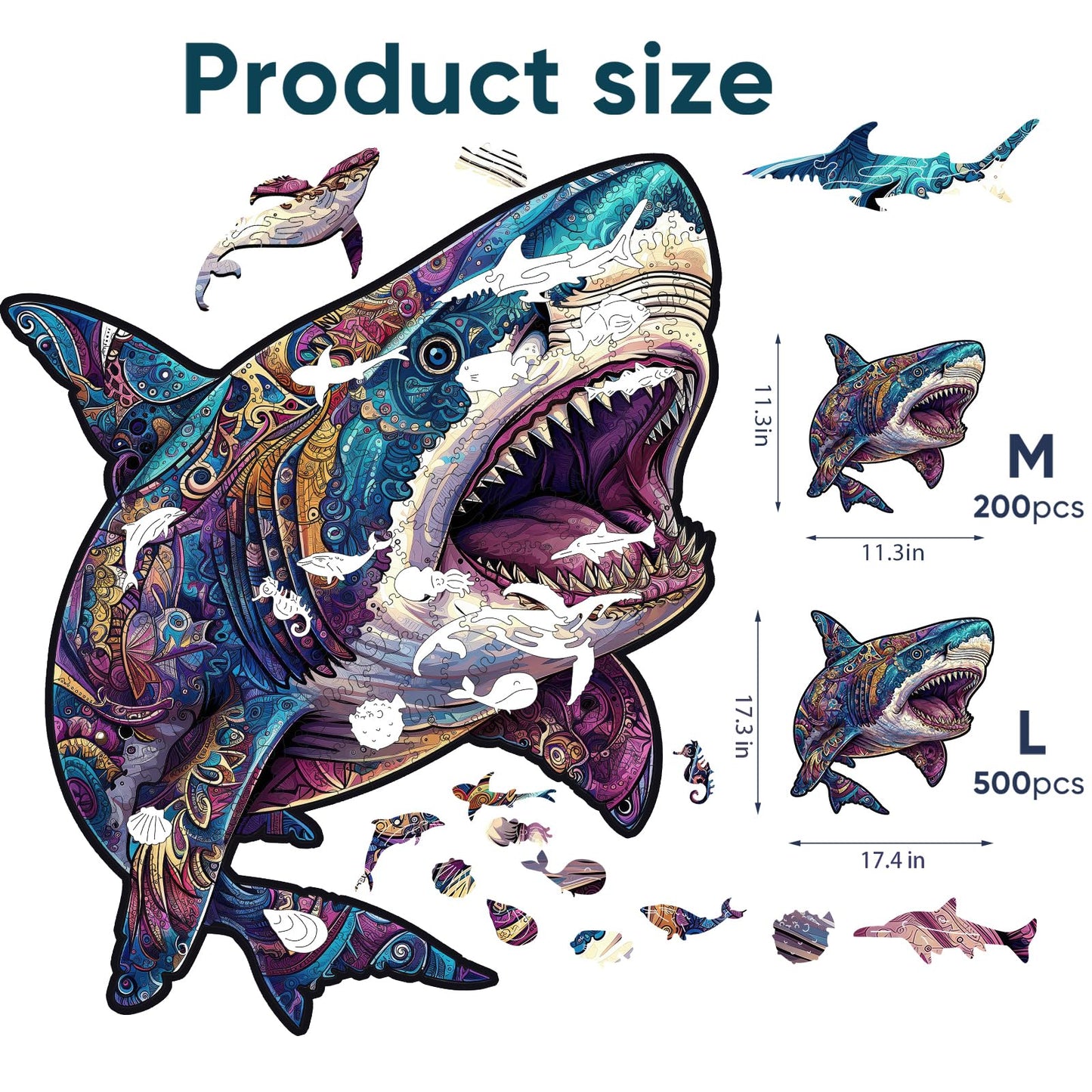 Delobil Shark Jigsaw Puzzle – 500 Pieces, Unique Wooden Shapes, Royal Box (17.3 x 17.4 in)