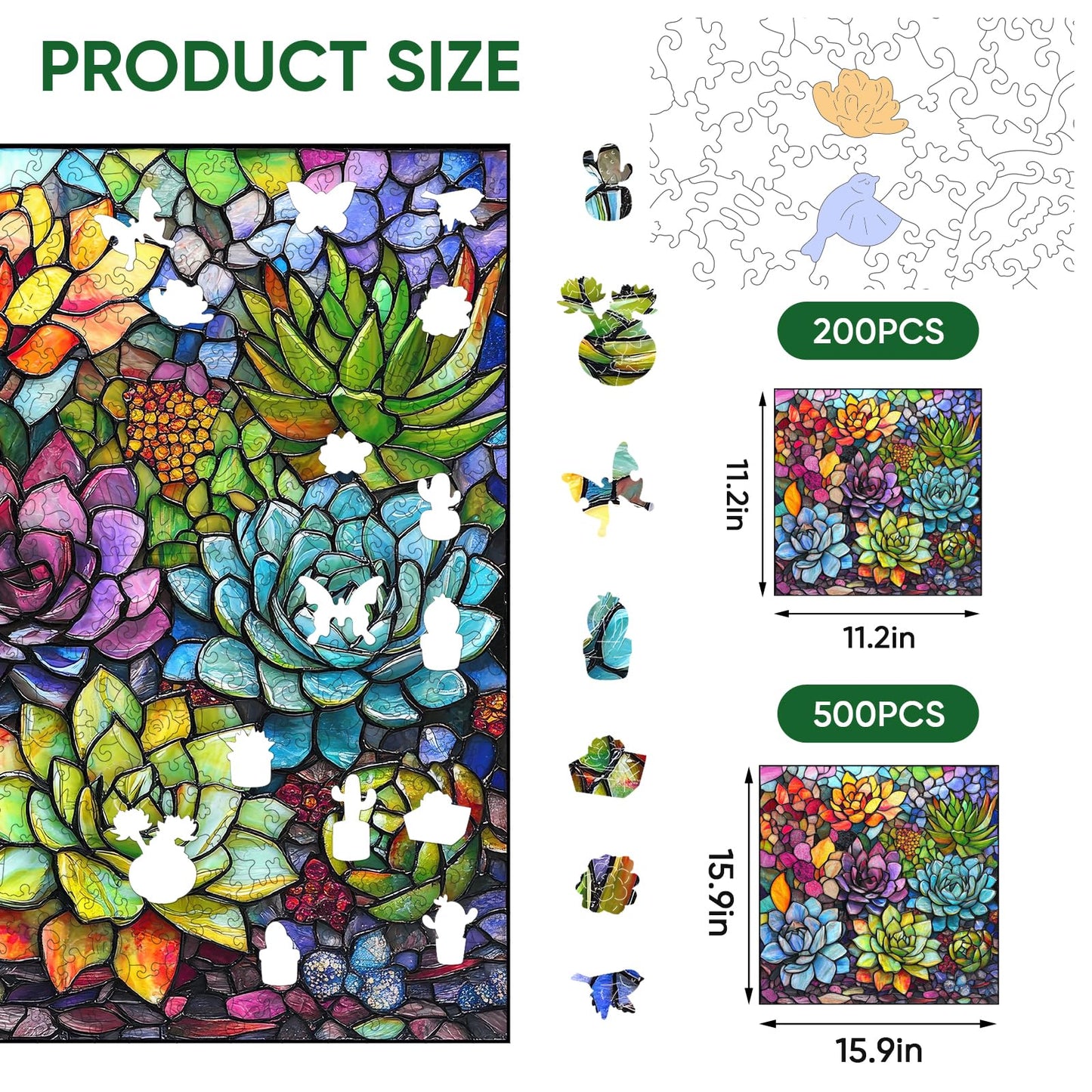 Delobil Stained Glass Puzzle – 500 Pieces, Succulent Wooden Jigsaw with Unique Shapes
