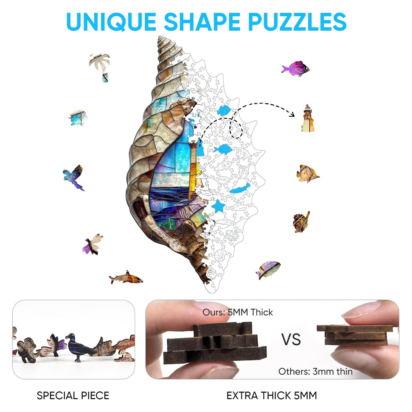Delobil Shell Landscape 500-Piece Wooden Puzzle – Unique Coastal Design (23.2 x 13.2 in)