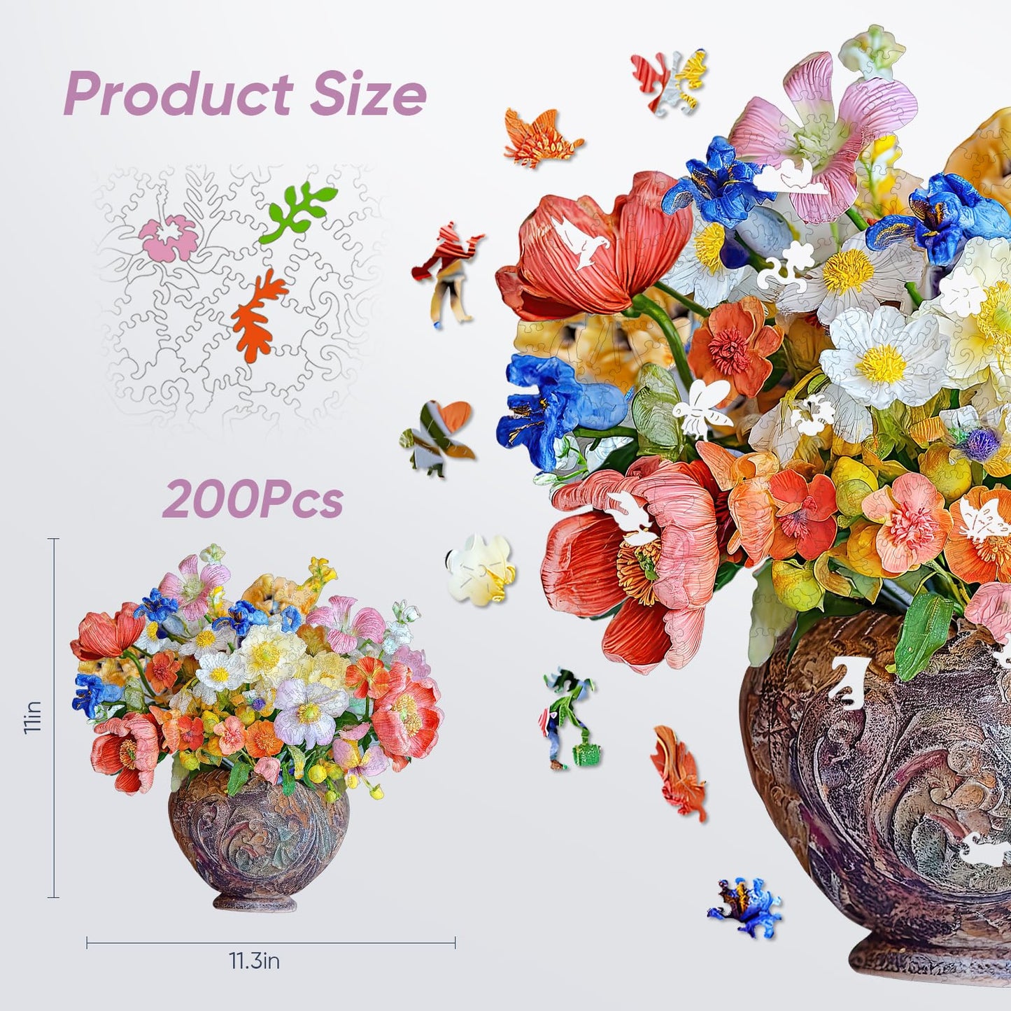 Delobil Flower Wooden Puzzles for Adults — 200-Piece Vase Jigsaw (11" x 11.3"), Unique Shape, Gift for Mom & Family
