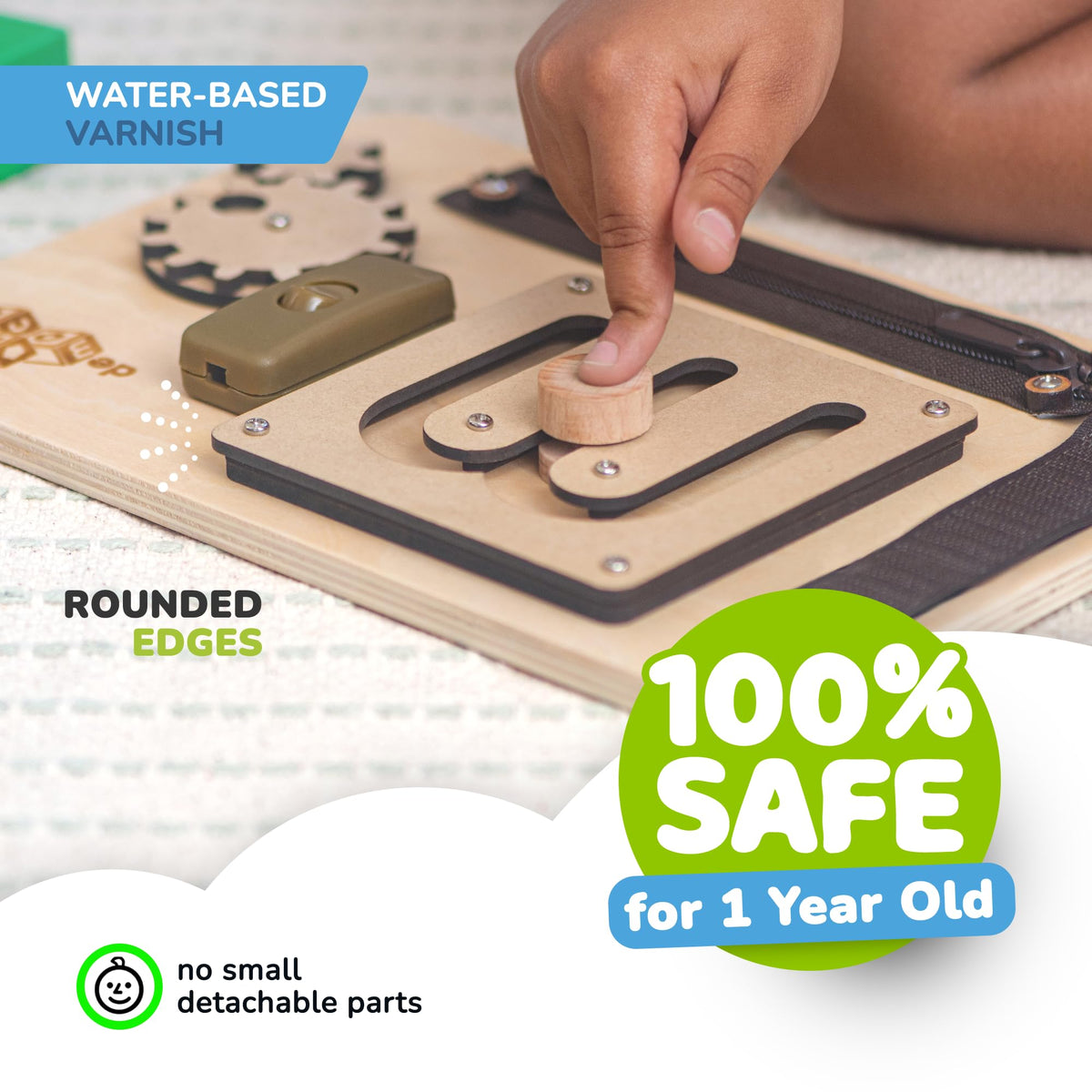 deMoca Sensory Busy Board for Toddlers – 10 Fine Motor Activities on a Travel-Ready Wooden Toy