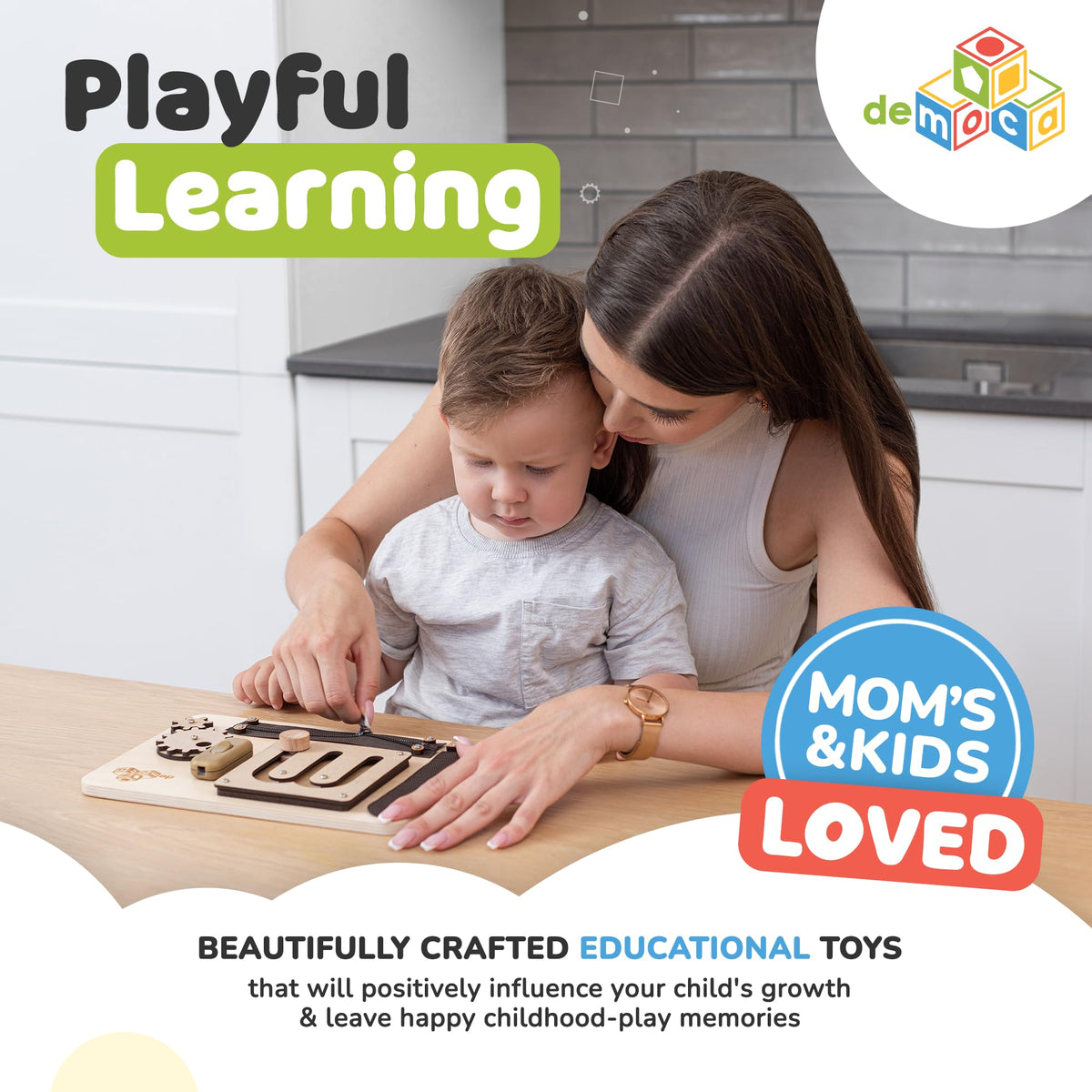 deMoca Sensory Busy Board for Toddlers – 10 Fine Motor Activities on a Travel-Ready Wooden Toy
