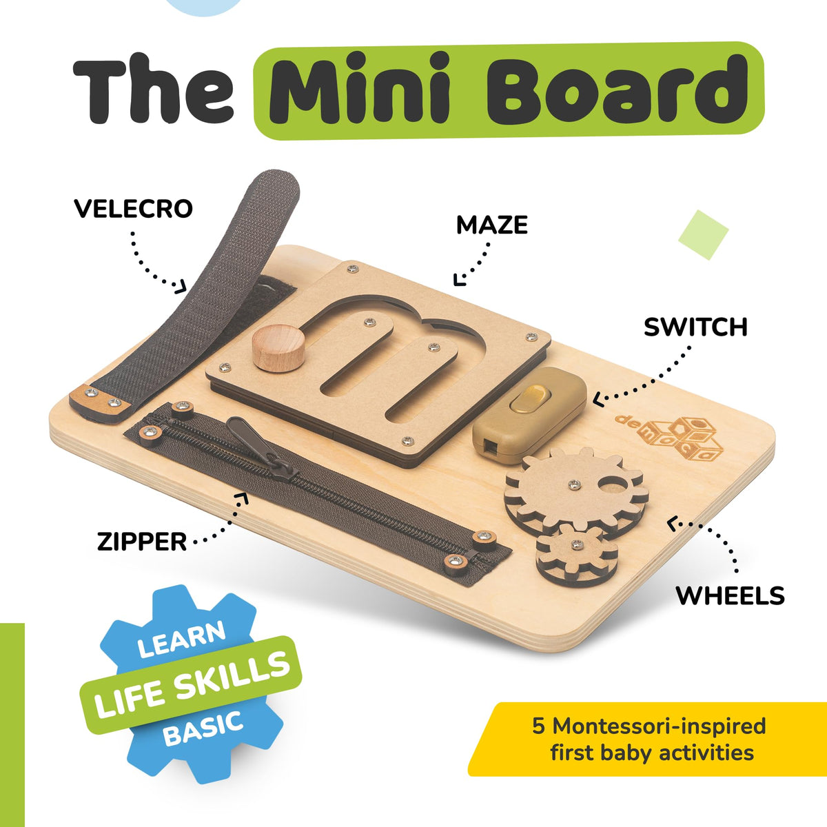 deMoca Sensory Busy Board for Toddlers – 10 Fine Motor Activities on a Travel-Ready Wooden Toy