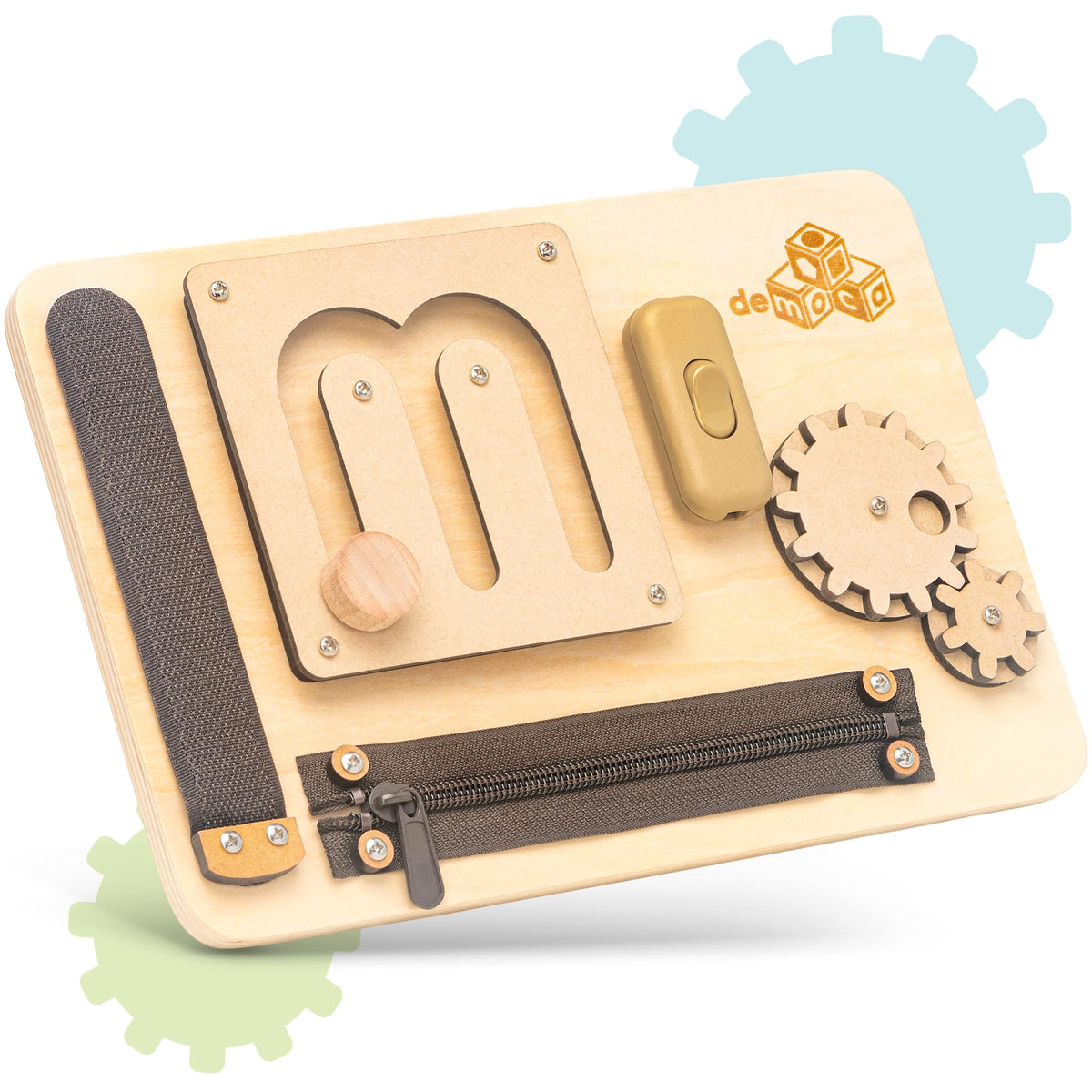 deMoca Sensory Busy Board for Toddlers – 10 Fine Motor Activities on a Travel-Ready Wooden Toy
