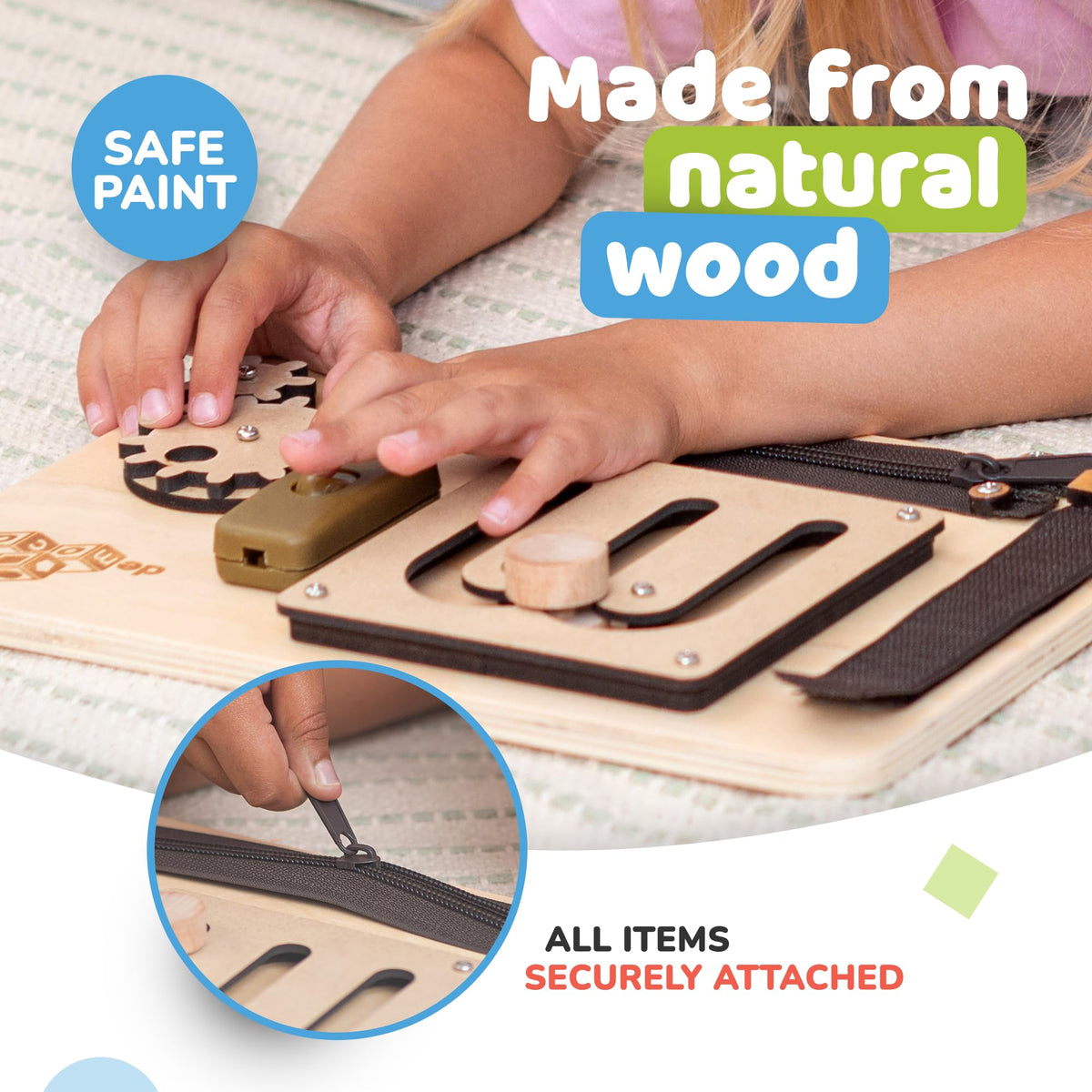 deMoca Sensory Busy Board for Toddlers – 10 Fine Motor Activities on a Travel-Ready Wooden Toy