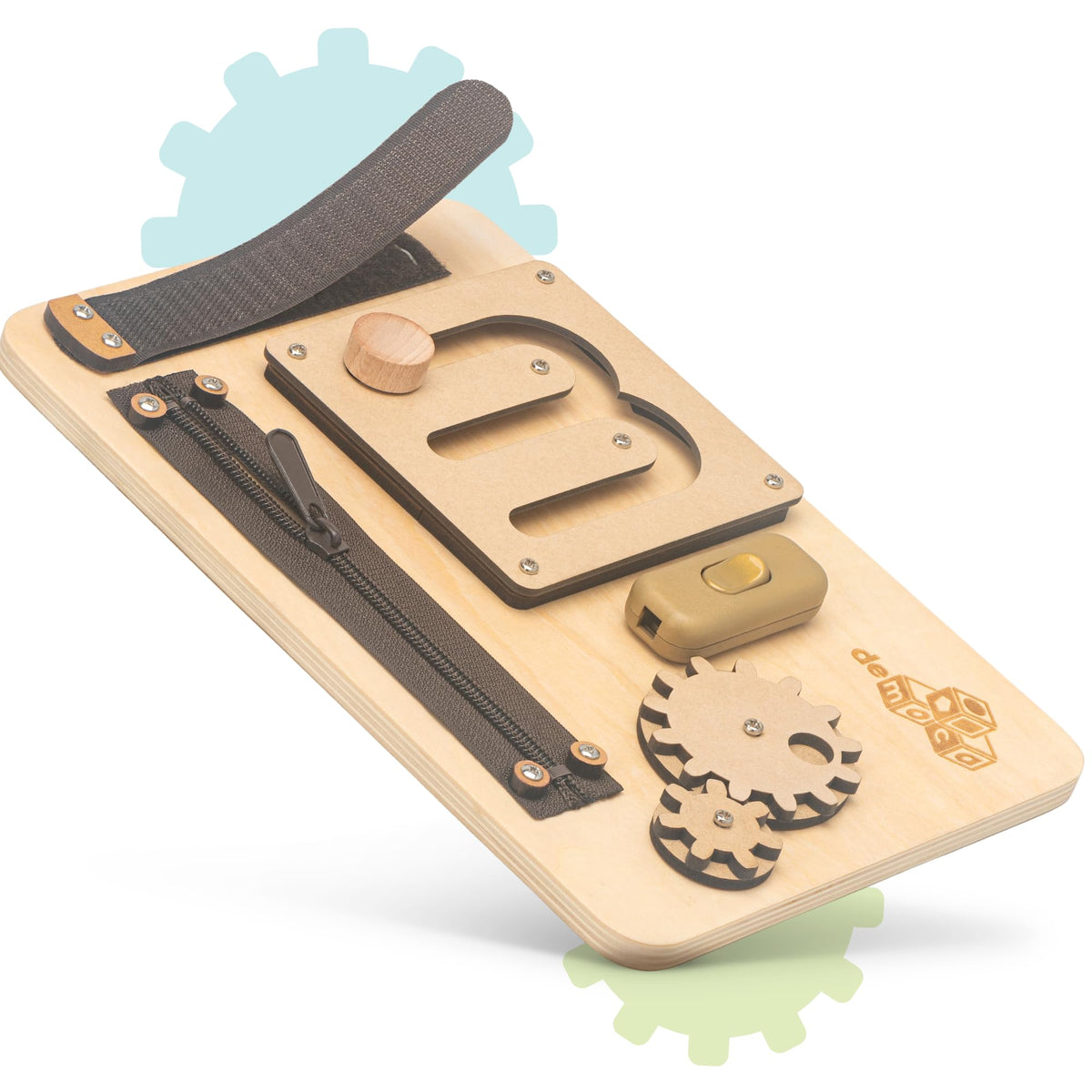 deMoca Sensory Busy Board for Toddlers – 10 Fine Motor Activities on a Travel-Ready Wooden Toy