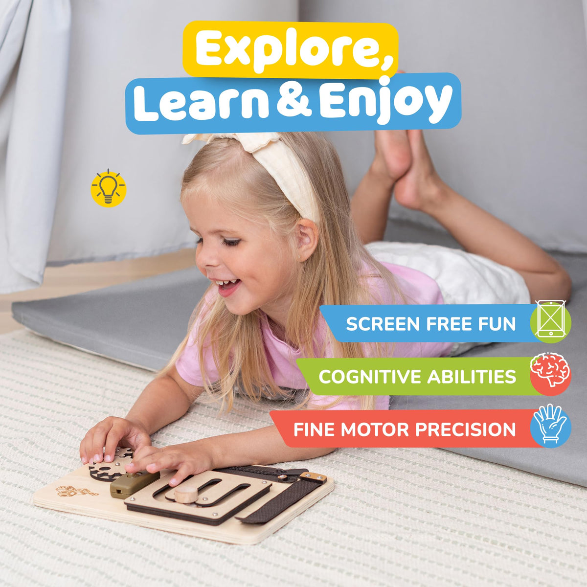 deMoca Sensory Busy Board for Toddlers – 10 Fine Motor Activities on a Travel-Ready Wooden Toy