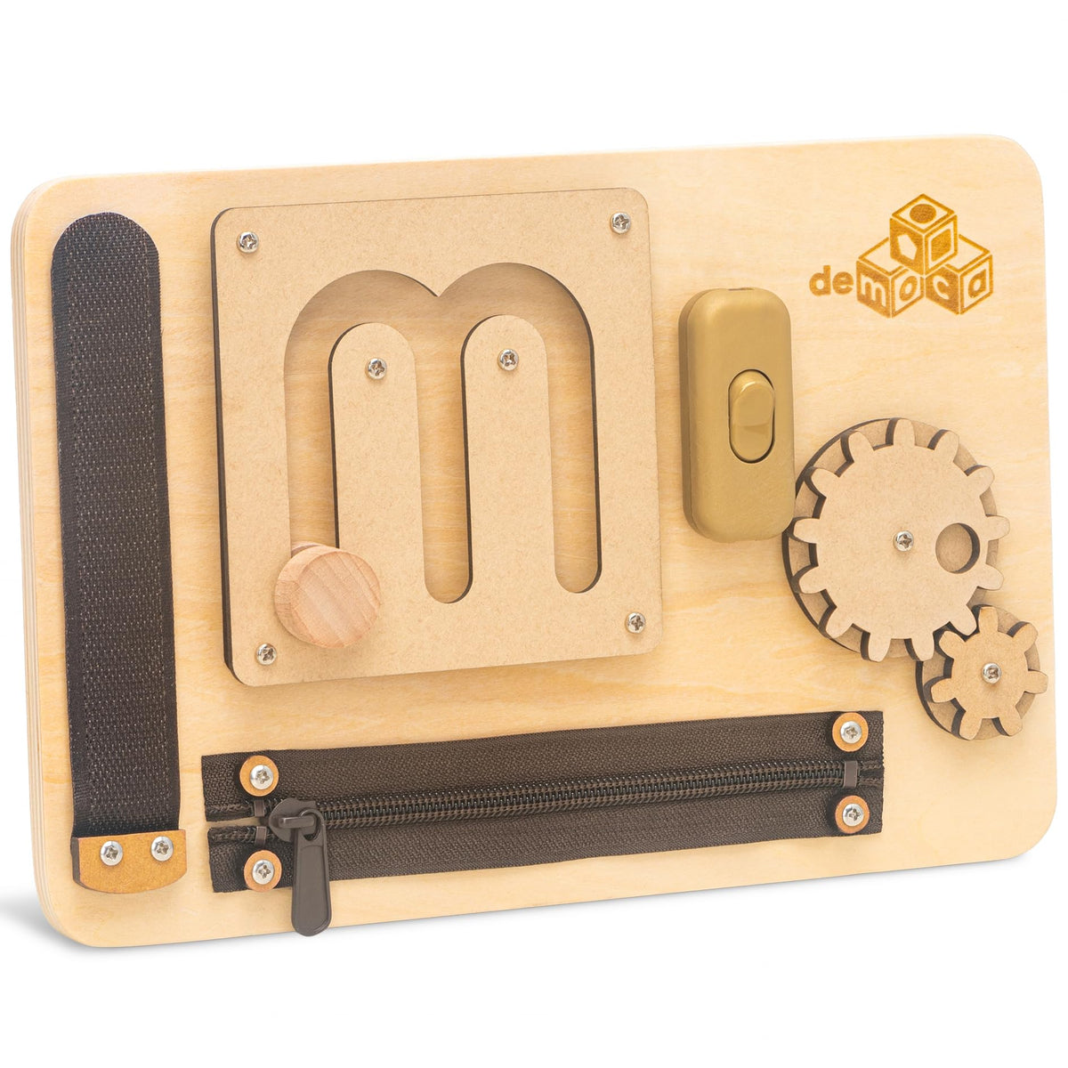 deMoca Sensory Busy Board for Toddlers – 10 Fine Motor Activities on a Travel-Ready Wooden Toy