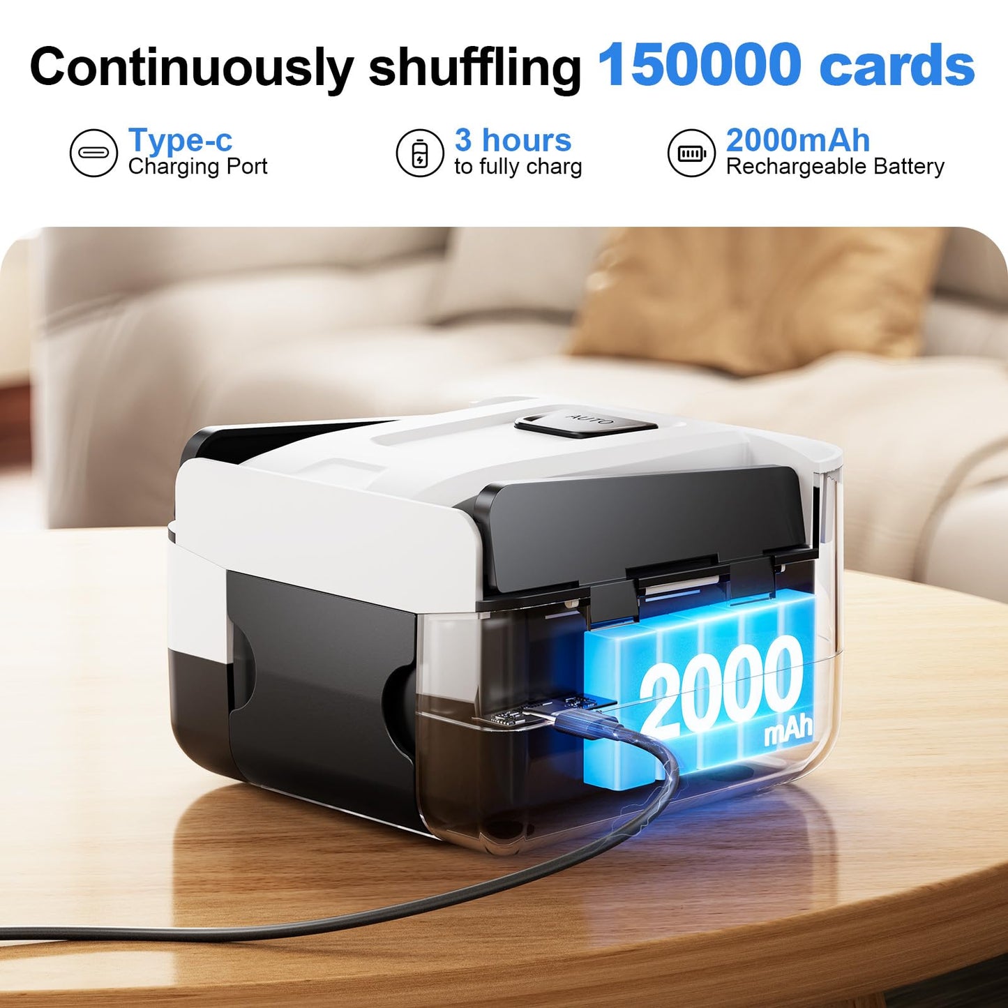 Demolike Automatic Card Shuffler – 1-2 Decks, Low Noise, Rechargeable & Portable (Black)