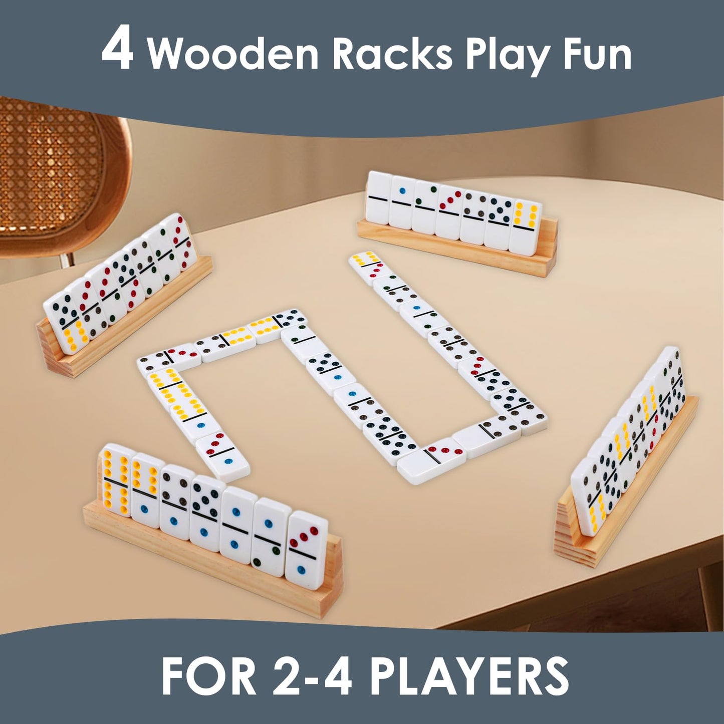 Demteric Upgraded Dominoes Double 6 – 28 Tiles, 4 Wooden Racks, Travel Case (2-4 Players)