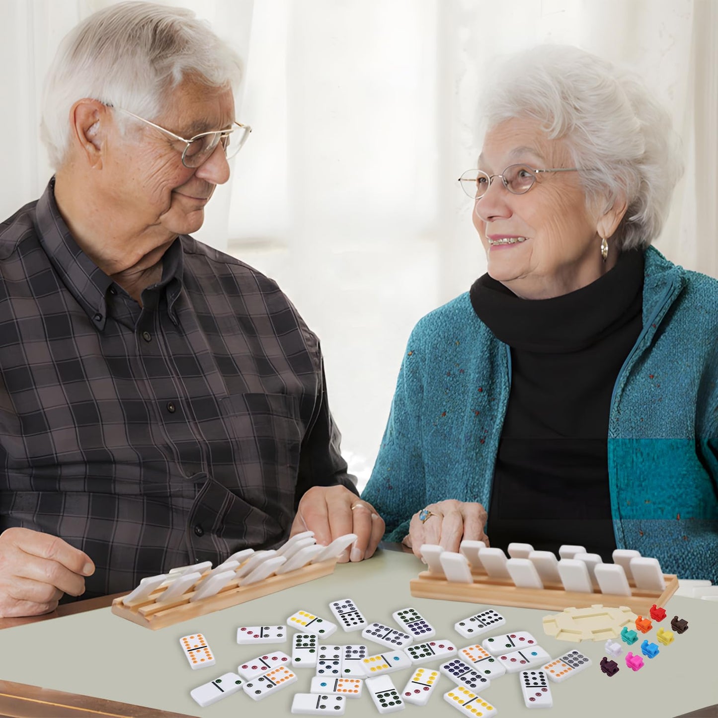 Demteric Mexican Train Dominoes Set – Double 12, 91 Tiles, 8 Wooden Racks, Travel Case