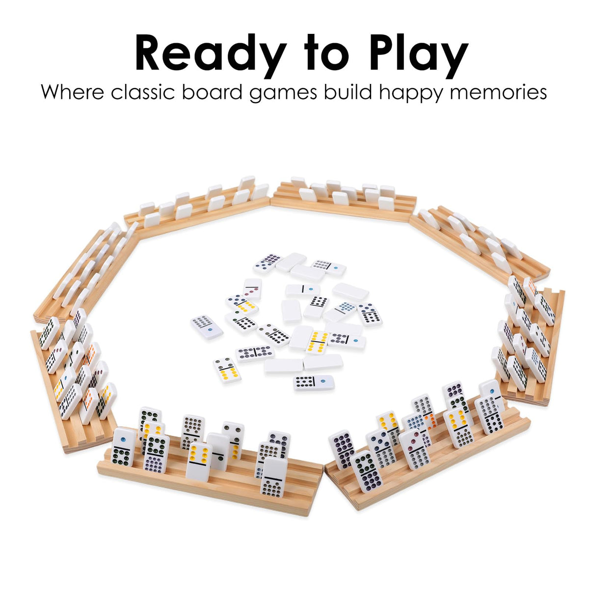 Demteric Mexican Train Dominoes Set – Double 12, 91 Tiles, 8 Wooden Racks, Travel Case