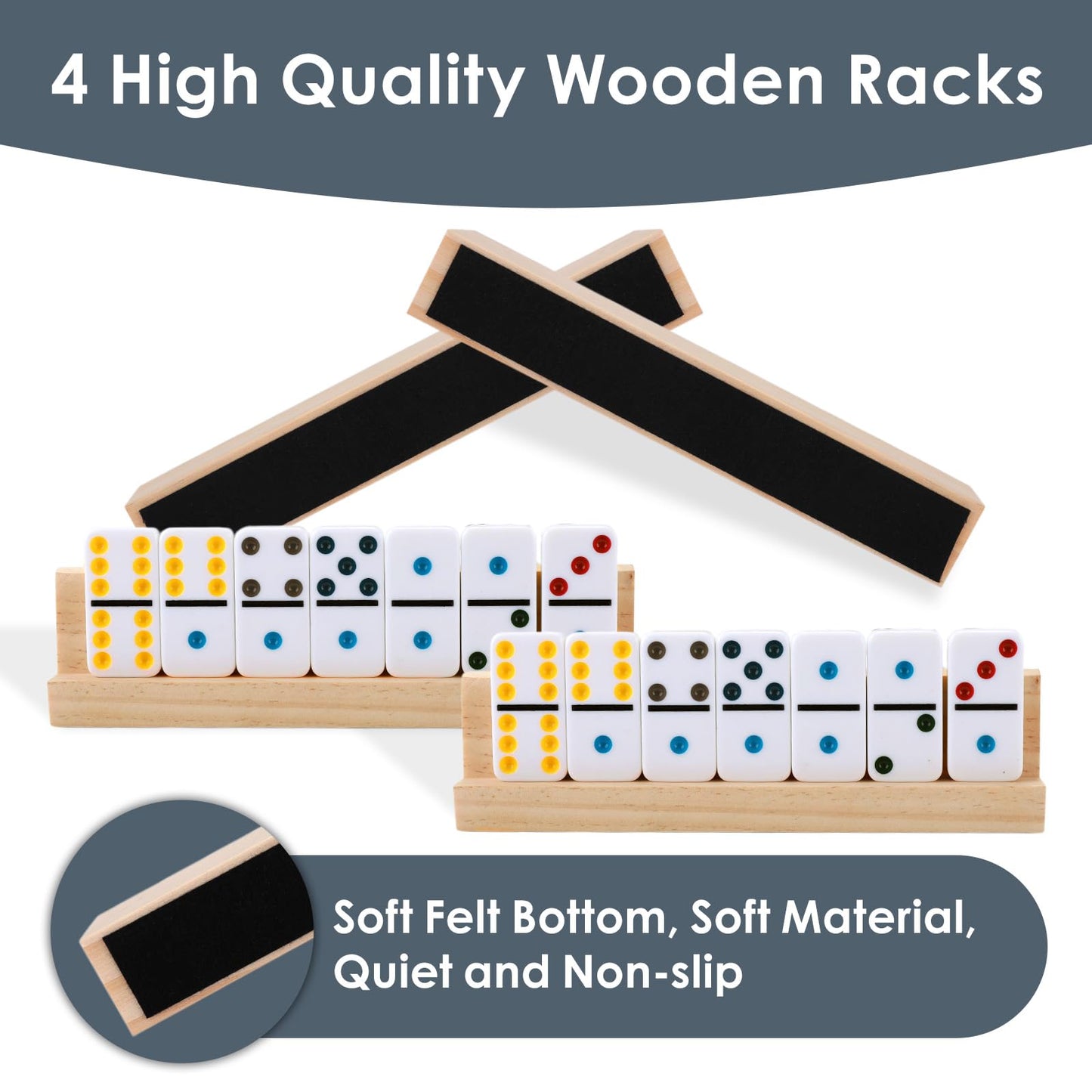 Demteric Upgraded Dominoes Double 6 – 28 Tiles, 4 Wooden Racks, Travel Case (2-4 Players)