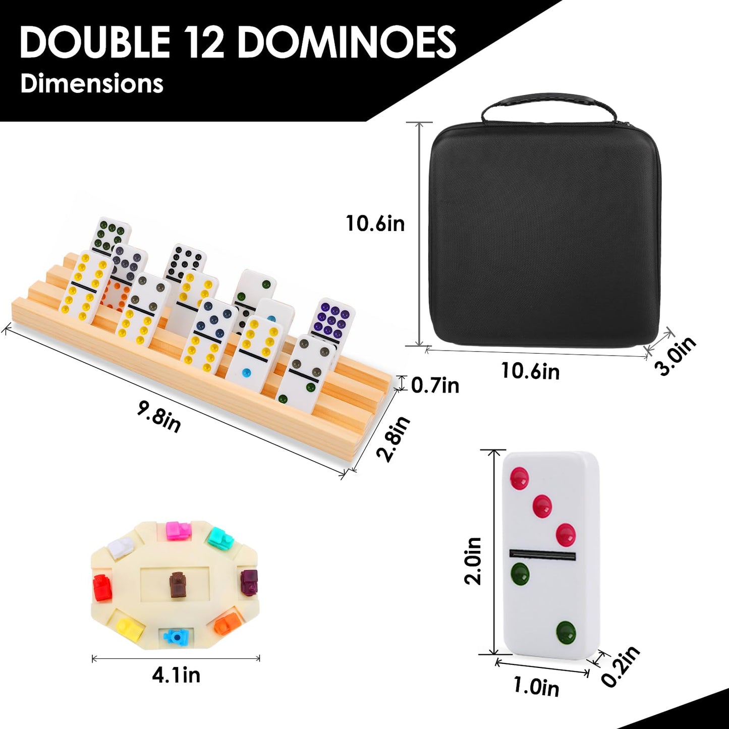 Demteric Mexican Train Dominoes Set – Double 12, 91 Tiles, 8 Wooden Racks, Travel Case