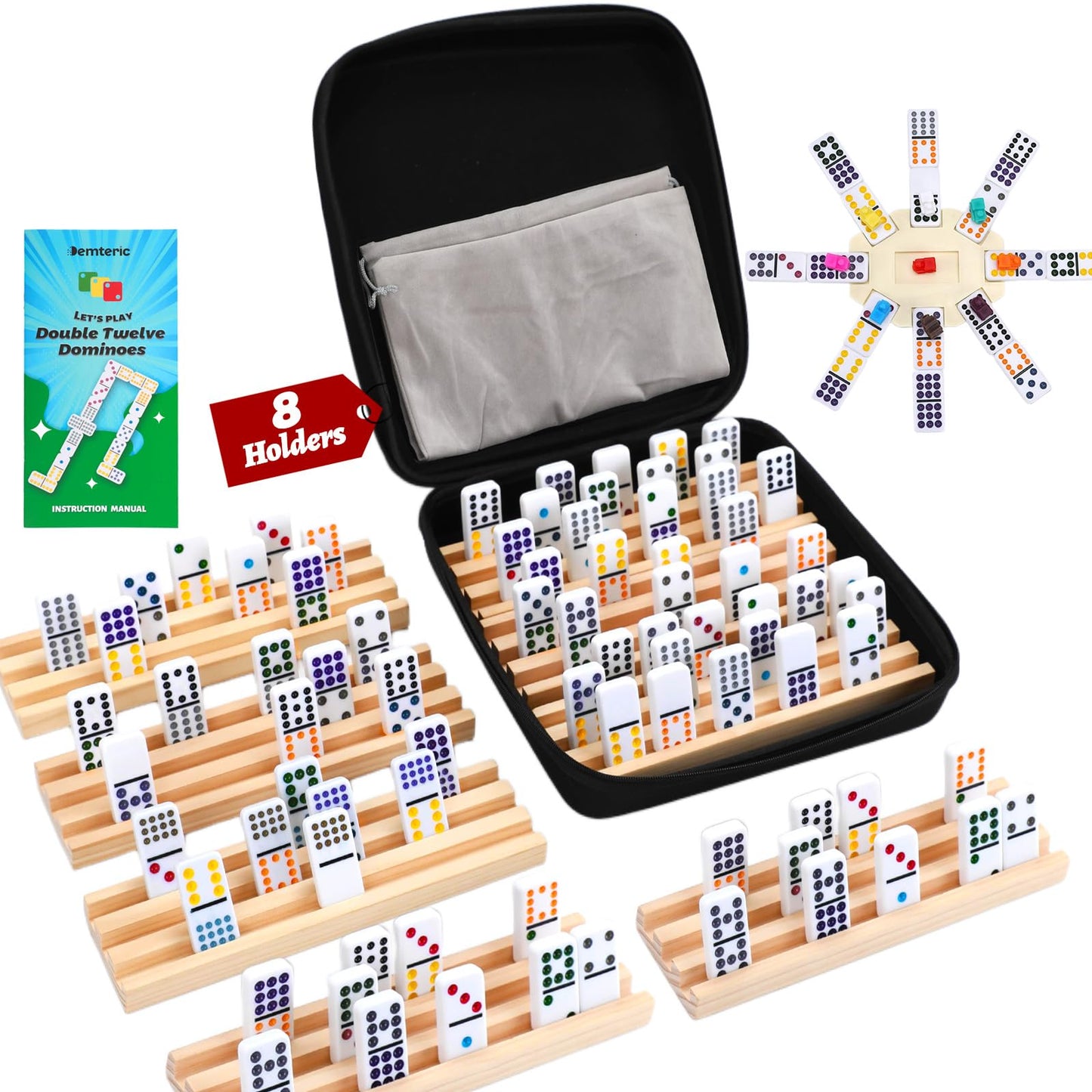 Demteric Mexican Train Dominoes Set – Double 12, 91 Tiles, 8 Wooden Racks, Travel Case