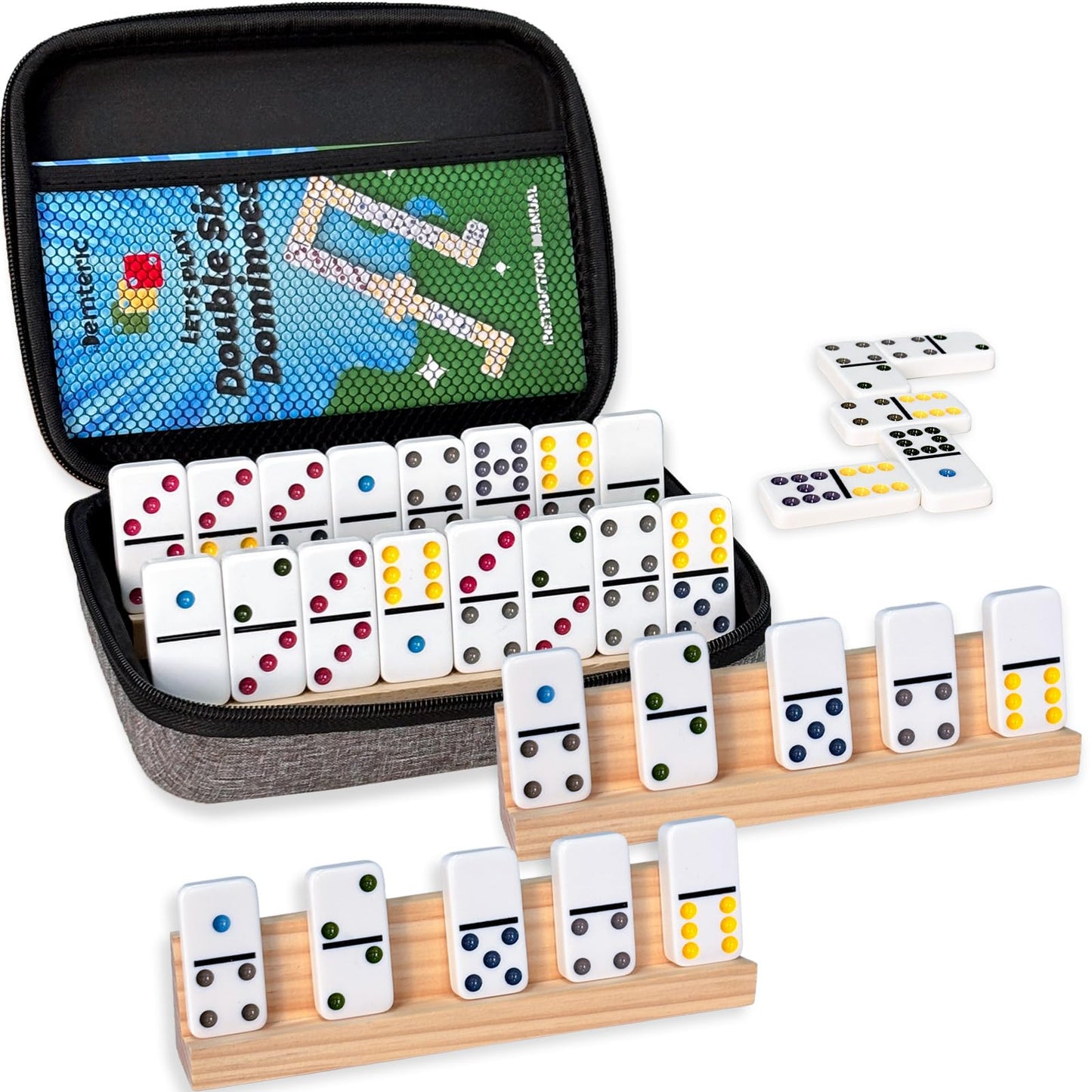 Demteric Upgraded Dominoes Double 6 – 28 Tiles, 4 Wooden Racks, Travel Case (2-4 Players)