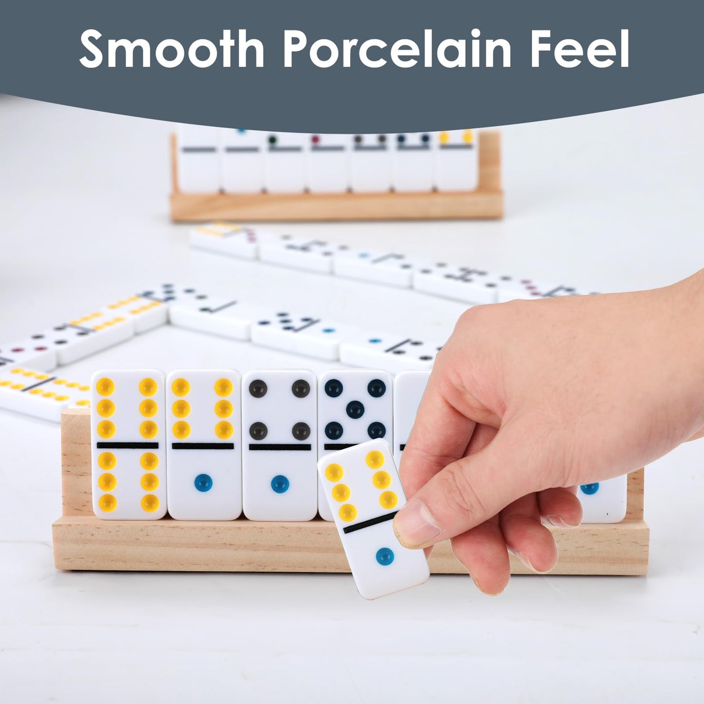 Demteric Upgraded Dominoes Double 6 – 28 Tiles, 4 Wooden Racks, Travel Case (2-4 Players)