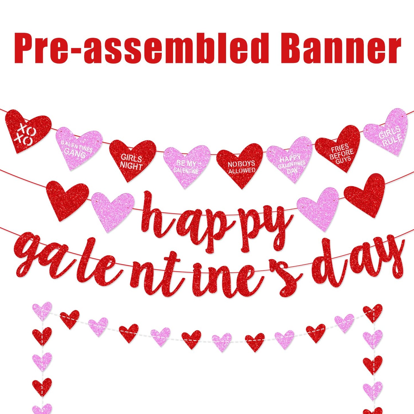 Deneo Happy Galentine's Day Banner – Red Glitter Heart Garland for Galentine & Valentine’s Party Decor
