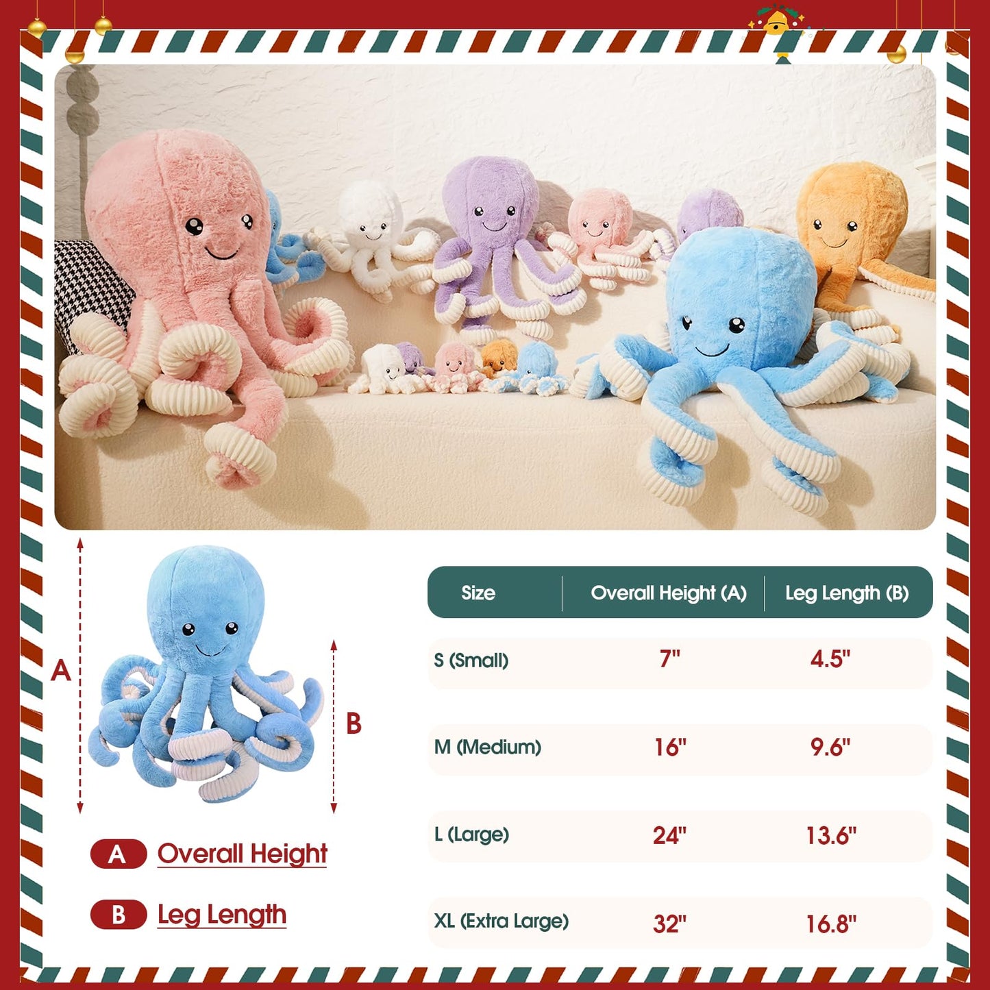 DENTRUN Giant Octopus Plush Toy – 7/16/24/32 in, 5 Colors, Soft Cotton Plush
