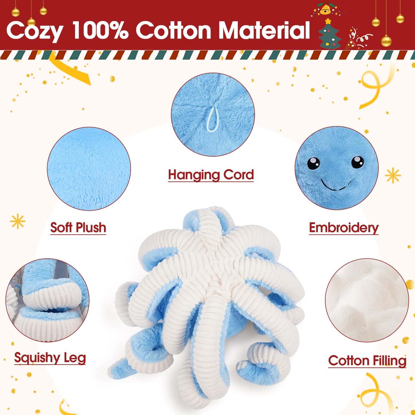 DENTRUN Giant Octopus Plush Toy – 7/16/24/32 in, 5 Colors, Soft Cotton Plush
